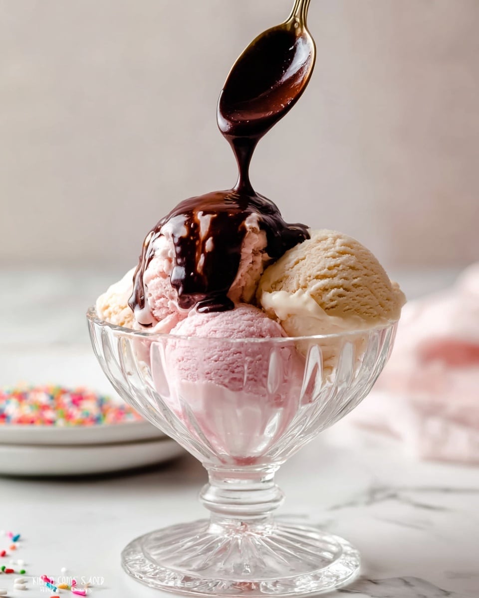 A glass dessert bowl with three scoops of ice cream is shown. The bottom layer is light pink ice cream, the middle layer is light cream-colored ice cream, and the top layer is a dark brown hot fudge sauce being poured from a spoon held above the bowl. The bowl sits on a white marbled surface with a soft, blurred background, featuring a white plate and a bowl of colorful sprinkles slightly out of focus. The glass bowl has a cut design and stands on a short stem and round base photo taken with an iphone --ar 4:5 --v 7