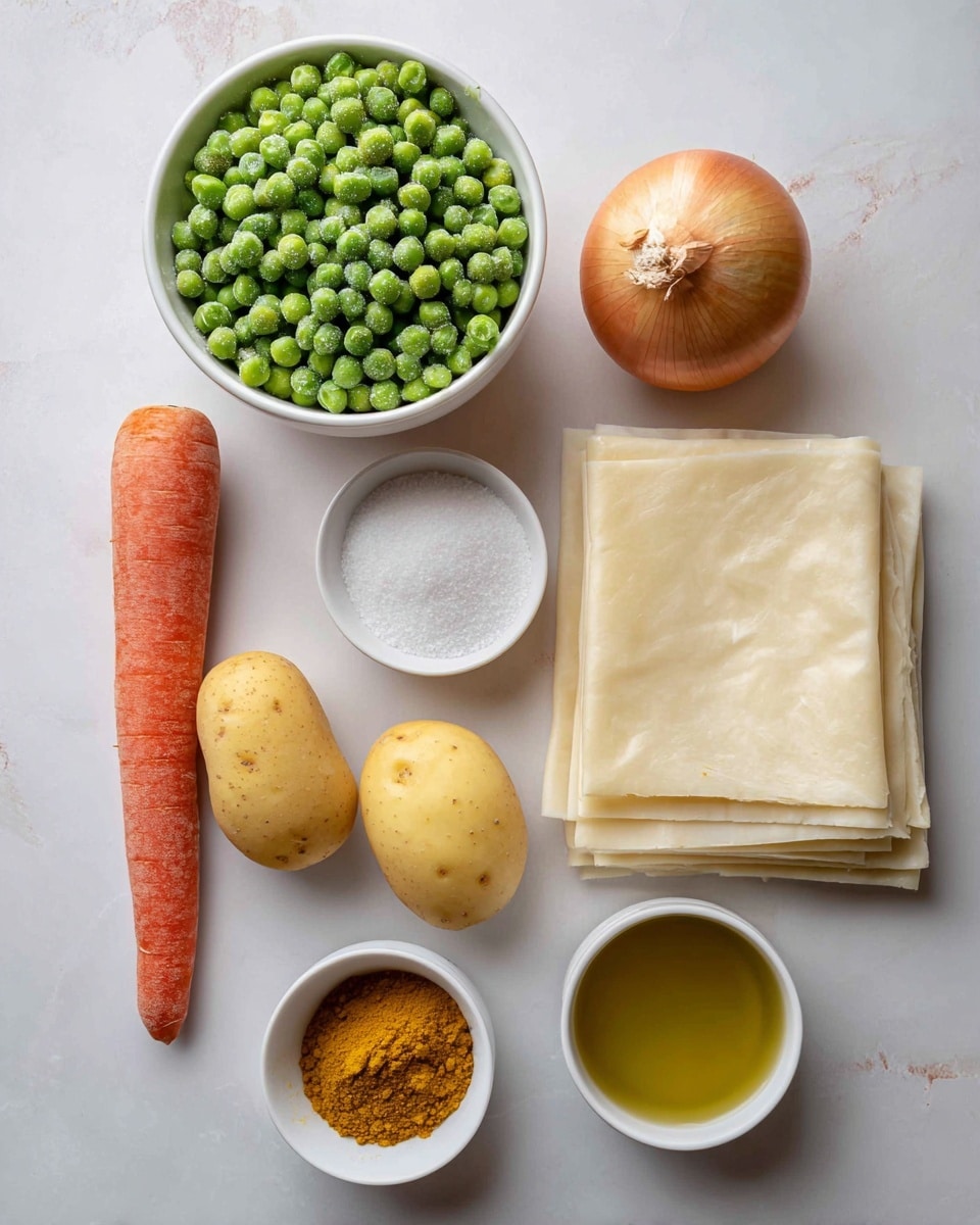The image shows ingredients laid out on a white marbled surface: a white bowl filled with bright green frozen peas covered in a light frost sits at the top left, next to a golden brown onion with dry skin at the center top, and a small white bowl with fine white salt at the top right. On the left, there is a medium-sized whole carrot with a rough orange texture, and next to it are two smooth, oval-shaped light brown potatoes. Below the potatoes is a small white bowl containing bright yellow turmeric powder, and next to it a white bowl holding deep golden-brown curry powder. At the bottom left, there is a small white bowl filled with light golden vegetable stock liquid. On the right side, three layers of pale, smooth puff pastry sheets lie stacked with soft, slightly curved corners. Everything is neatly arranged with clear labels above or beside each item. Photo taken with an iphone --ar 4:5 --v 7