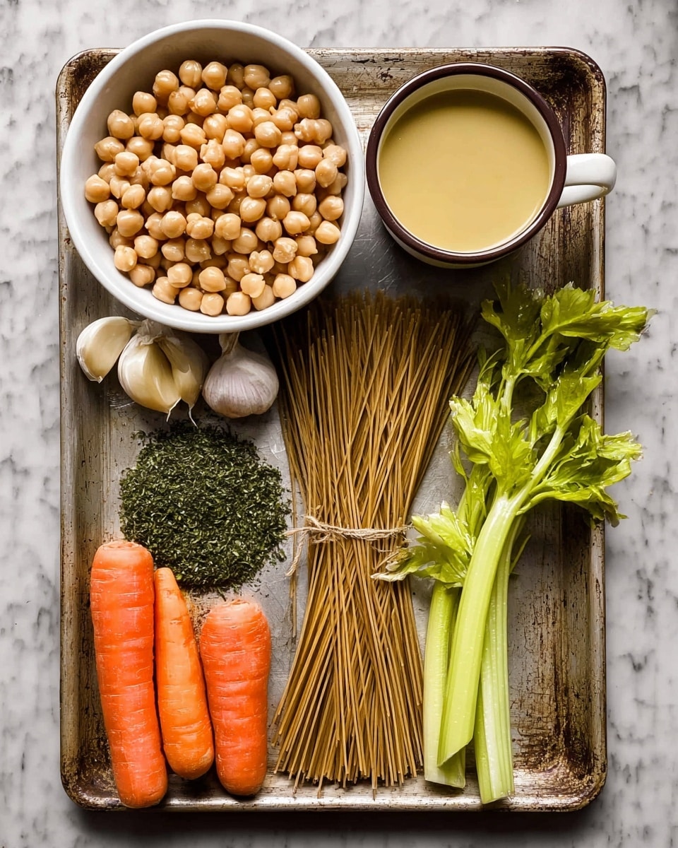 A white bowl filled with round beige chickpeas sits on the upper left of a metal tray that rests on a white marbled surface; next to it, a bundle of long, thin brown pasta lies diagonally, partially on top of finely chopped dark green herbs spread in the center. On the lower left side of the tray, three whole orange carrots with smooth skins line up vertically, while on the right side, three light green celery stalks with leafy tops point upward. Above the tray, a white cup with a dark rim holds a creamy light yellow liquid, and near the top left corner are pieces of chopped white onion and a whole bulb of garlic. photo taken with an iphone --ar 4:5 --v 7