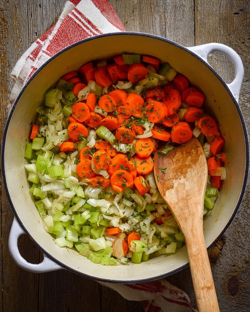 A white pot filled with two main layers of cooked vegetables, with the bottom layer consisting mostly of chopped celery in light green and the top layer made up of sliced bright orange carrots and bits of white onion mixed with green herbs. A wooden spoon with a smooth round head lies on the right side, partially resting on the vegetables. The pot sits on a rustic wooden surface with a red and white striped cloth partially visible underneath. photo taken with an iphone --ar 4:5 --v 7