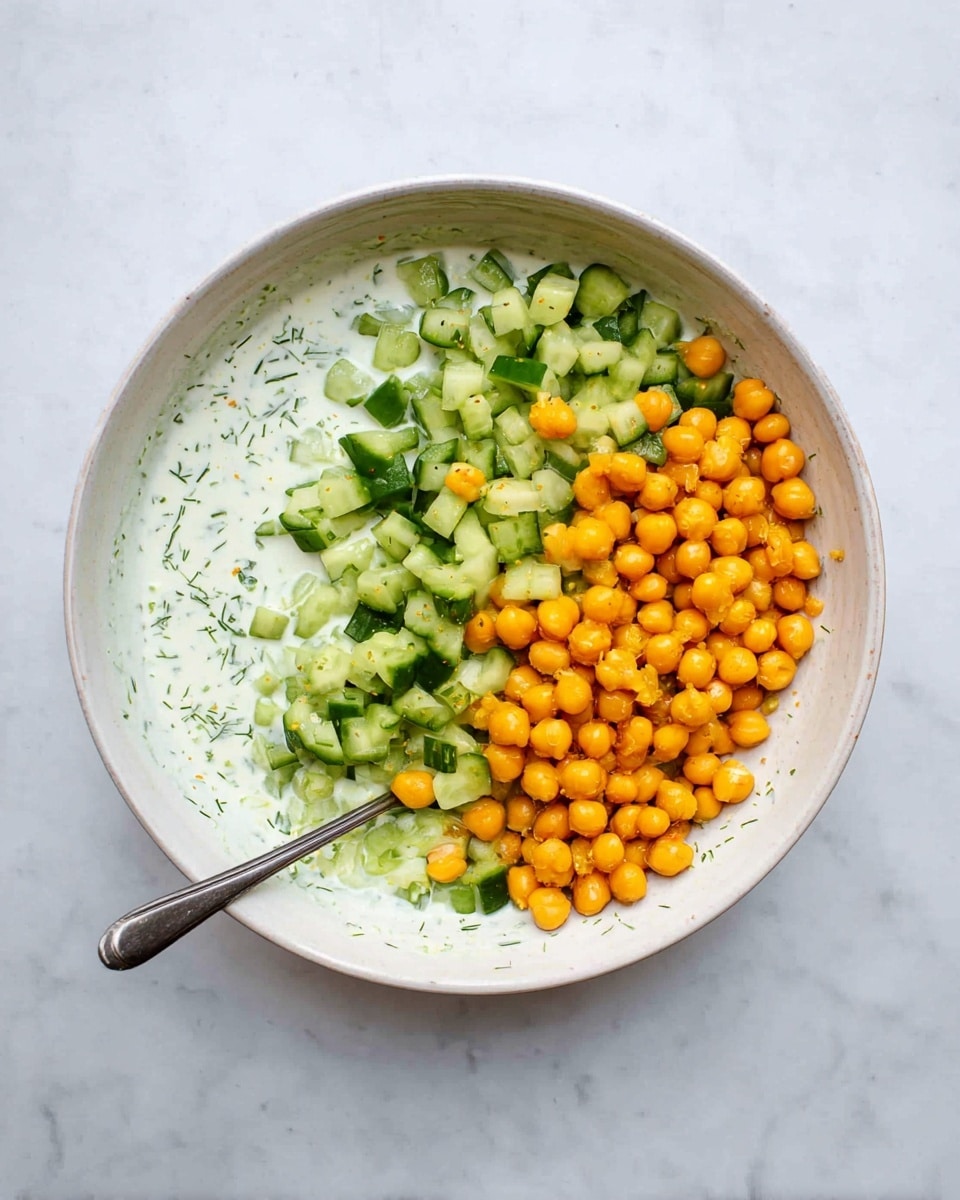 A white bowl sits on a white marbled surface, filled with three distinct layers. At the bottom is a creamy white sauce with small green herb flecks, visible around the edges. On the right half of the bowl's top layer are tiny bright orange chickpeas, smooth and shiny, while the left half is a mix of chopped green cucumbers, showing different shades of green and a fresh, slightly wet texture. A silver spoon rests inside the bowl near the chickpeas. Photo taken with an iphone --ar 4:5 --v 7