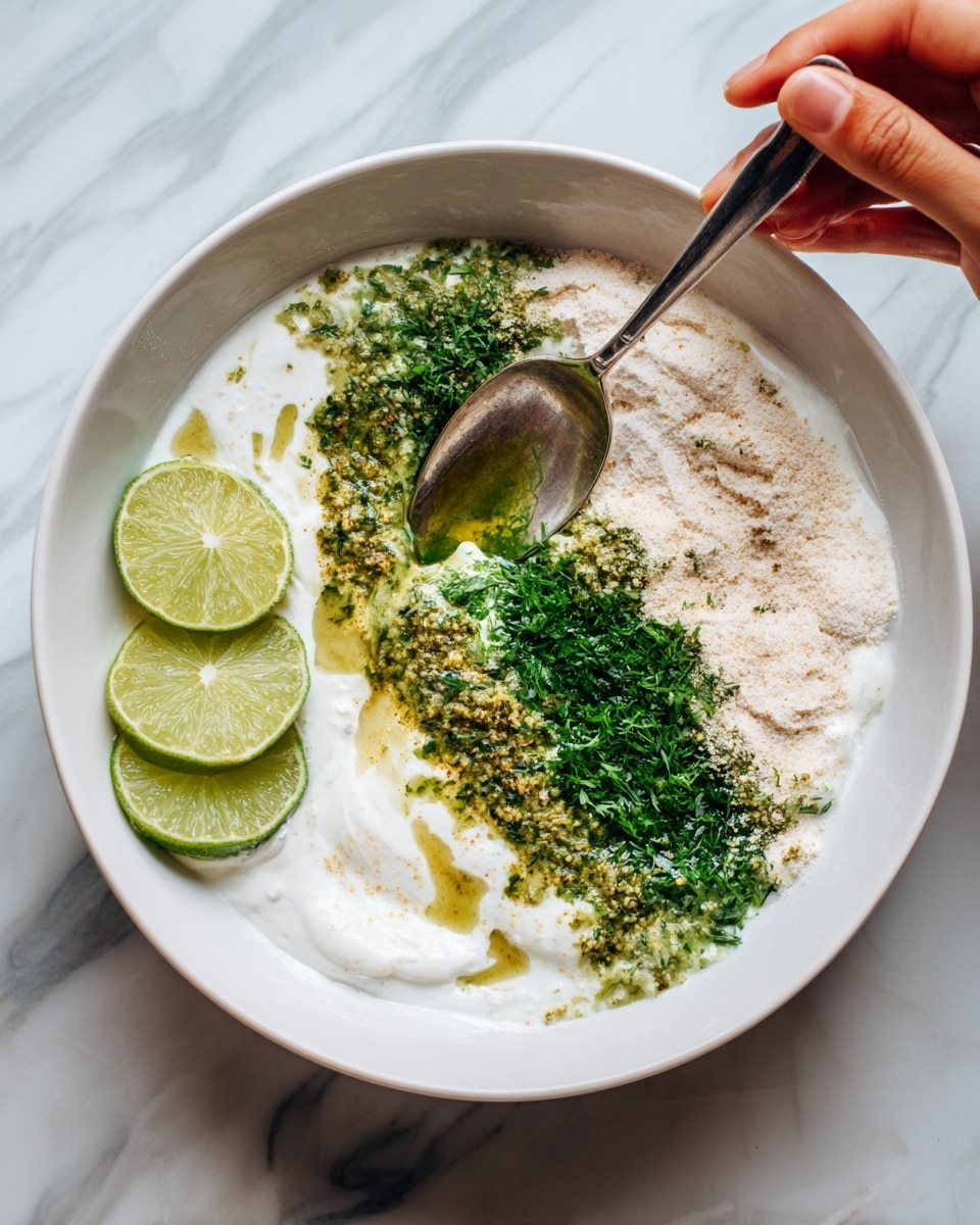 The image shows a white marbled surface with a collection of ingredients arranged neatly. On the right side, there is a small ornate golden bowl filled with thick, creamy white sauce. Surrounding the bowl, three small clear glass bowls hold different items: one with a yellow-green chunky relish, another with light brown powder, and the third with a pale yellow powdery spice. There are fresh green cilantro sprigs on the right edge of the frame and three lime wedges placed around the glass bowls on the left and bottom side. The whole scene is brightly lit with soft shadows. Photo taken with an iphone --ar 4:5 --v 7