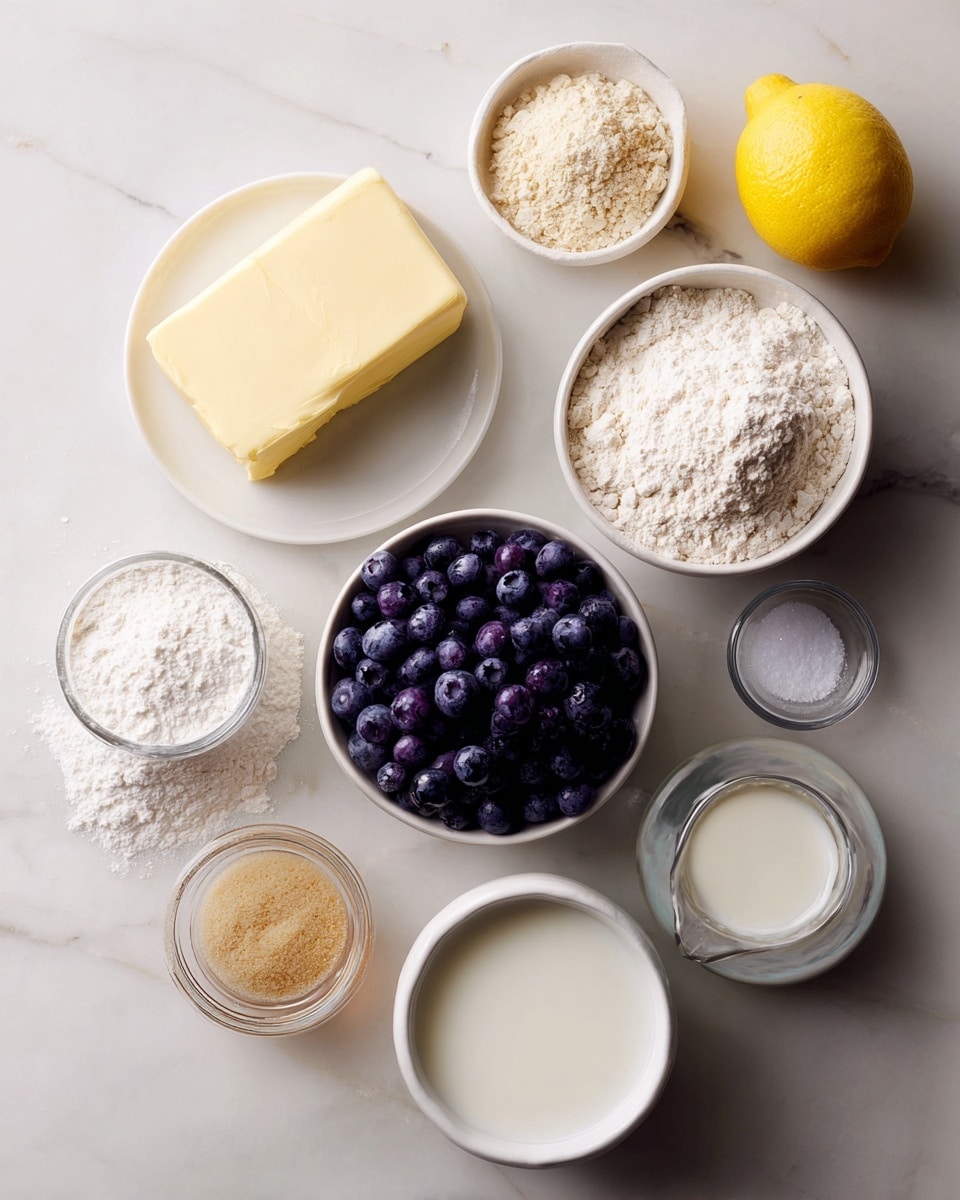 The image shows labeled ingredients arranged on a white marbled surface for making a blueberry dish. There is a small white bowl with a pale yellow block of butter at the top center. Below and slightly to the right is a white bowl filled with deep purple blueberries. Around these main items are smaller white bowls and jars containing fine white sugar, white flour, ground almonds with a beige color, and white baking powder. There is also a tiny glass dish with brown vanilla and almond extract, and small glass containers holding white yogurt and clear milk. A whole yellow lemon for zest is placed near the top right, and a tiny white bowl with salt is on the left side. The ingredients form a loose scattered pattern on the smooth white marbled surface. Photo taken with an iphone --ar 4:5 --v 7
