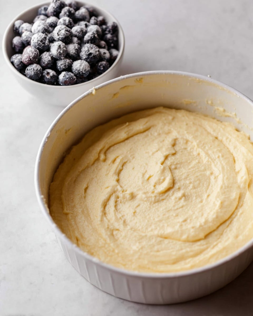 A white round baking pan filled with one smooth layer of pale yellow cake batter that has a soft, creamy texture and some swirled patterns on the surface, placed on a white marbled background. Behind the pan, there is a white bowl filled with dark purple blueberries dusted lightly with white powder. photo taken with an iphone --ar 4:5 --v 7