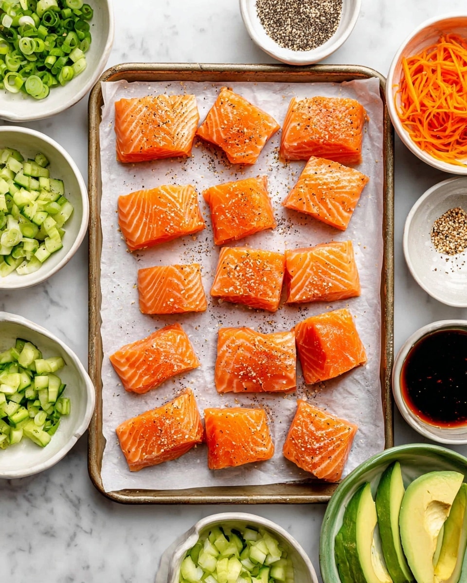 The image shows a white bowl in the center filled with bright orange raw salmon chunks, each piece glossy and fresh-looking. Surrounding this bowl are smaller white bowls with different ingredients: chopped cucumber pieces in one, a dark sauce with a spoon in another, thin orange shredded carrots, and white cooked rice grains. There is also a small white bowl with green sliced spring onions, and three smaller white dishes holding white sesame seeds, black sesame seeds, and mixed spices including red chili flakes. A small white plate holds a sliced avocado with its seed, arranged neatly in thin layers. All bowls and the plate sit on a white marbled surface. Photo taken with an iphone --ar 4:5 --v 7