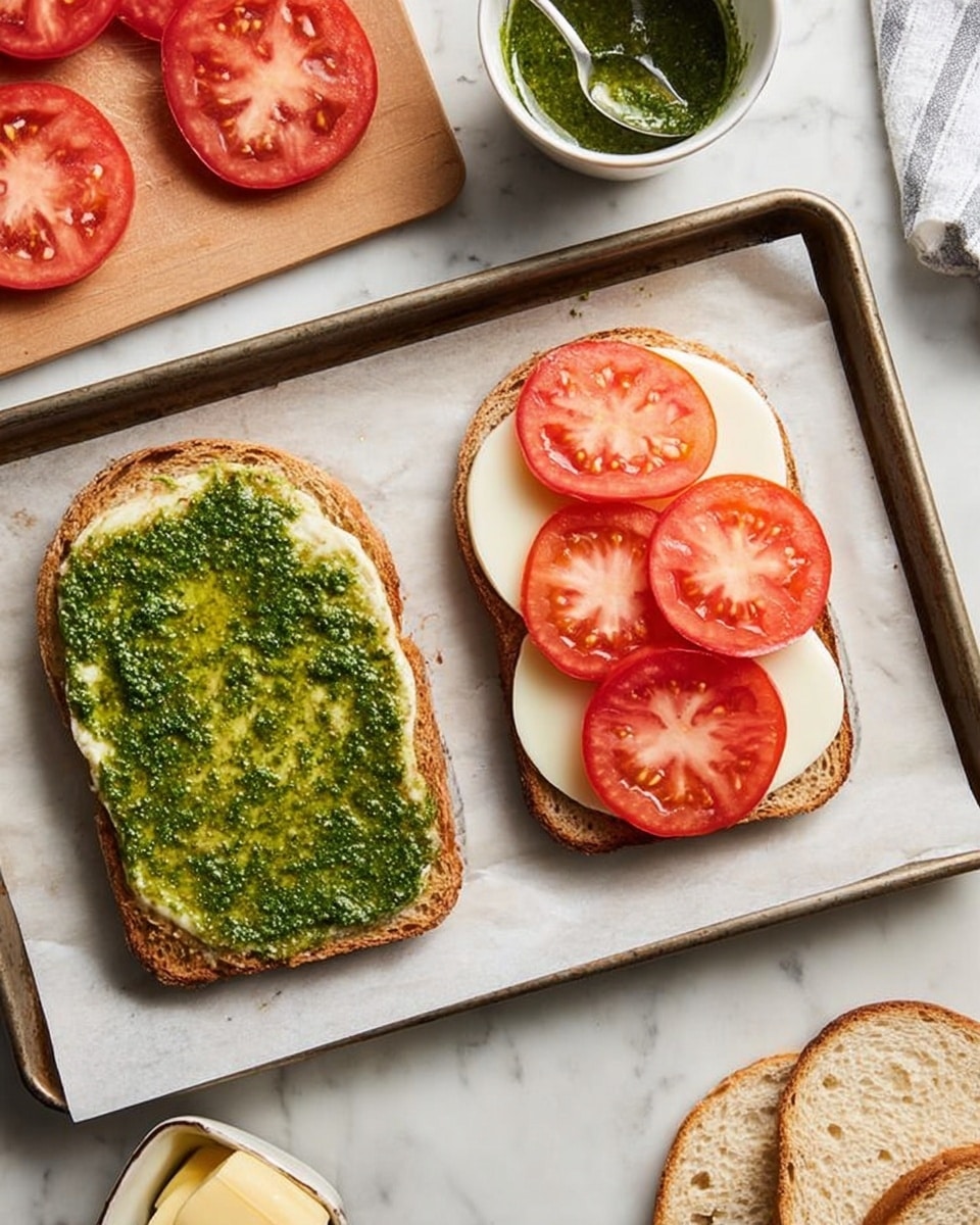 The image shows a wooden board on a white marbled surface with a round loaf of bread that has a swirl pattern on top, and two thick slices cut from it with a serrated knife placed beside the bread. Next to the board are two red tomatoes, a small yellow tray with a stick of butter and a butter knife, a white bowl filled with green pesto and a spoon in it, and a white rectangular dish holding several slices of pale yellow cheese stacked neatly. The scene is well-lit with natural light, and everything is arranged cleanly and simply. photo taken with an iphone --ar 4:5 --v 7
