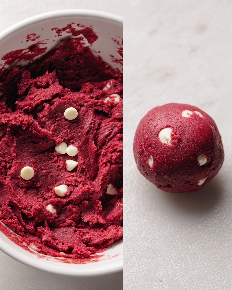 The image shows two parts: on the left, there is a close-up of thick, deep red cookie dough with white chocolate chips mixed in, displaying a rough, textured surface inside a white bowl; on the right, there is a smooth, round ball of the same red dough with visible white chips, placed on a white marbled textured surface. photo taken with an iphone --ar 4:5 --v 7