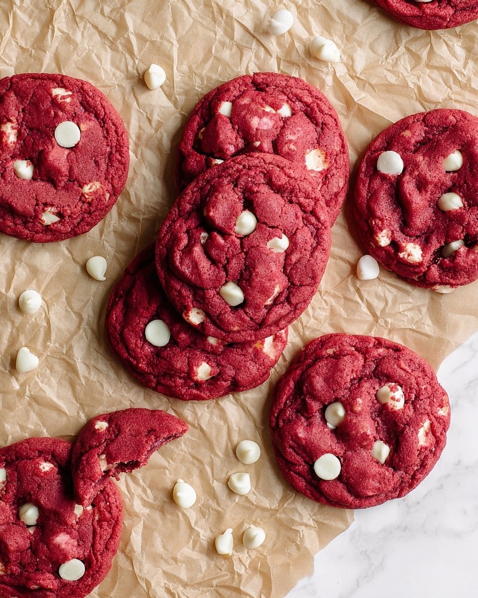 Several round red cookies with white chips are spread out on crumpled tan parchment paper, which rests on a white marbled surface. The cookies have a soft, slightly wrinkled texture with visible white chips embedded randomly throughout. Some white chips are scattered loosely on the parchment and the marbled surface, adding contrast to the deep red of the cookies. One cookie shows a small bite taken from its edge, revealing the dense texture inside. The overall arrangement looks casual and inviting, with the vibrant red color standing out against the neutral background photo taken with an iphone --ar 4:5 --v 7