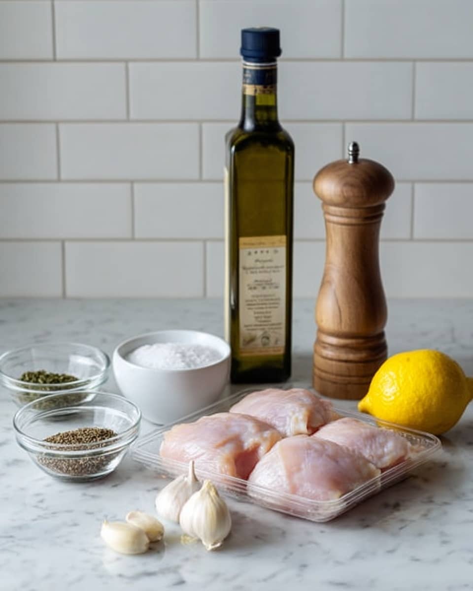 The image shows a white marbled surface with raw chicken pieces in a clear plastic tray at front center, each piece pale pink and smooth. To the left of the chicken, there are three peeled garlic cloves and two small clear glass bowls with dried herbs inside, one with green finely chopped leaves and the other with mixed brown spices. Just behind these, a small white bowl filled with coarse white salt is placed. At the back center, a tall dark green glass bottle of olive oil with a black cap and a beige label stands next to a light brown wooden pepper mill on the right. A bright yellow lemon sits to the far right on the white marbled surface. The background is made of white tiles. Photo taken with an iphone --ar 4:5 --v 7