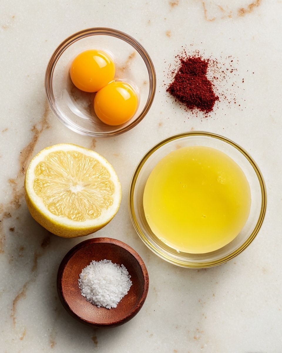 The image shows a white marbled surface with four items arranged simply. At the top left, there is a small clear bowl with two bright orange egg yolks inside. Below it, a lemon cut in half shows its yellow flesh with a smooth texture. At the top right, a small round wooden bowl holds some coarse salt and dark red powdered spice. At the bottom right, a bigger clear glass bowl contains a smooth, bright yellow liquid that looks like melted butter or oil photo taken with an iphone --ar 4:5 --v 7