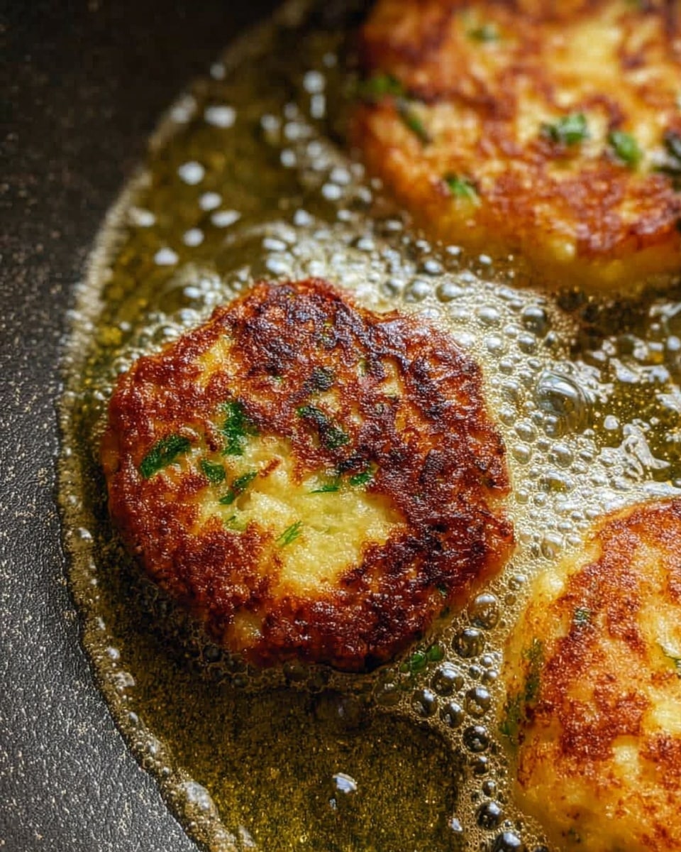 The image shows three small, round fritters frying in bubbling oil inside a dark gray textured pan. The fritters have a golden brown crust with slightly burnt patches and bits of green herbs visible throughout. The fritters’ surface looks crispy with some uneven texture, and the oil bubbles actively around their edges, creating a shiny, hot cooking effect. The background is a close-up view focusing mostly on the pan and fritters. Photo taken with an iphone --ar 4:5 --v 7