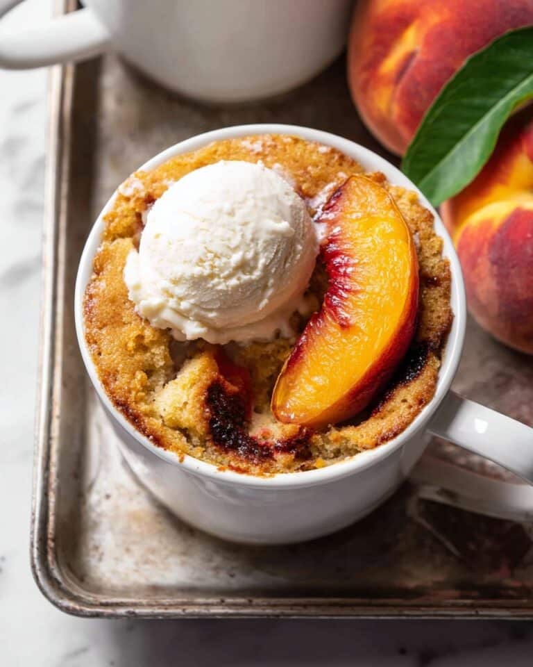 10 Minute Gooey Vanilla Peach Mug Cake Recipe