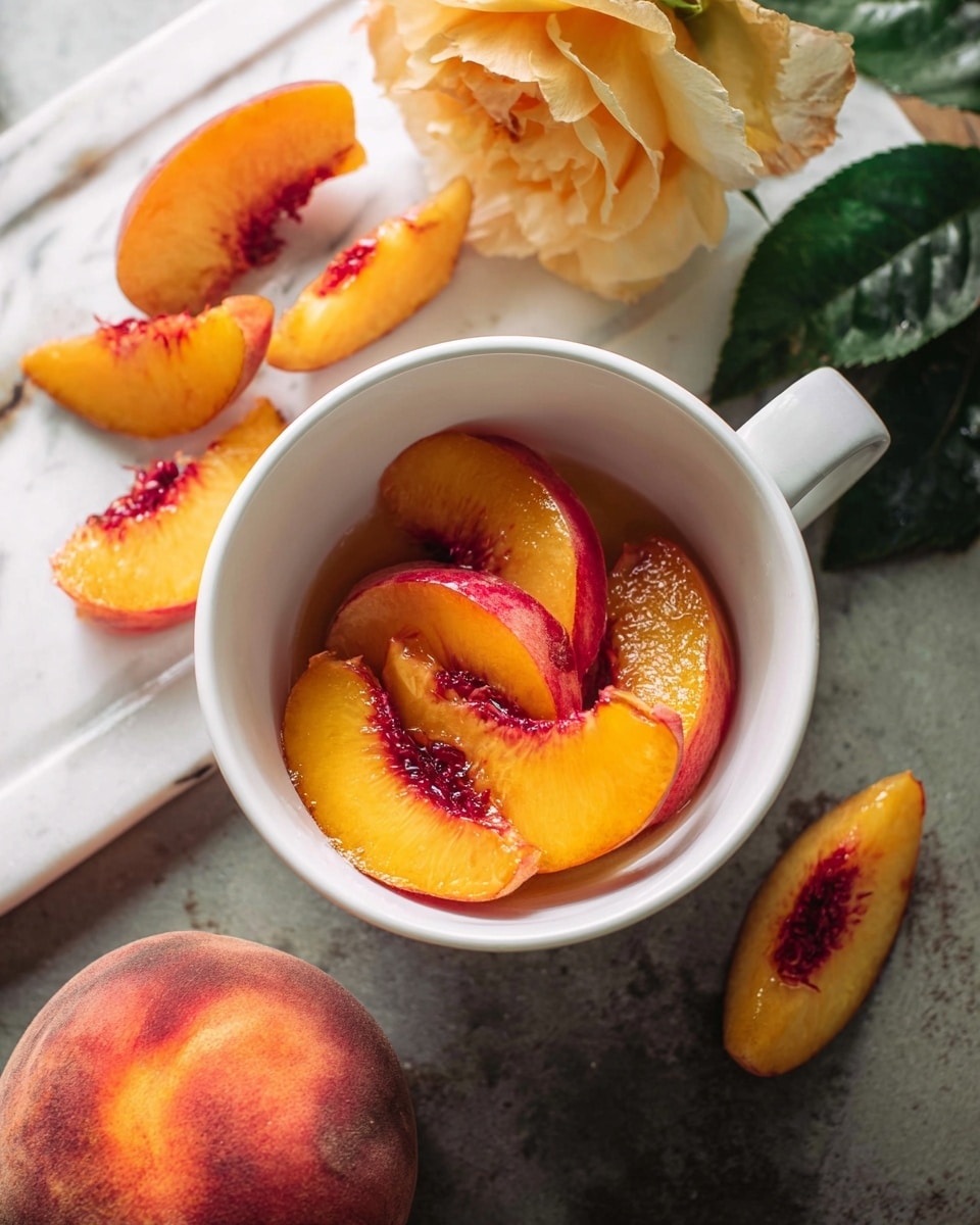 A white cup holds four slices of bright orange peach with red edges, arranged in a slightly overlapping circle at the center of the cup. The cup is placed on a gray surface next to a whole peach with soft orange and red skin, several peach slices also showing bright orange and red colors, and a pale yellow-orange flower with dark leaves. The background features a white marbled texture. The whole scene has warm natural light highlighting the juicy texture of the peach slices. photo taken with an iphone --ar 4:5 --v 7
