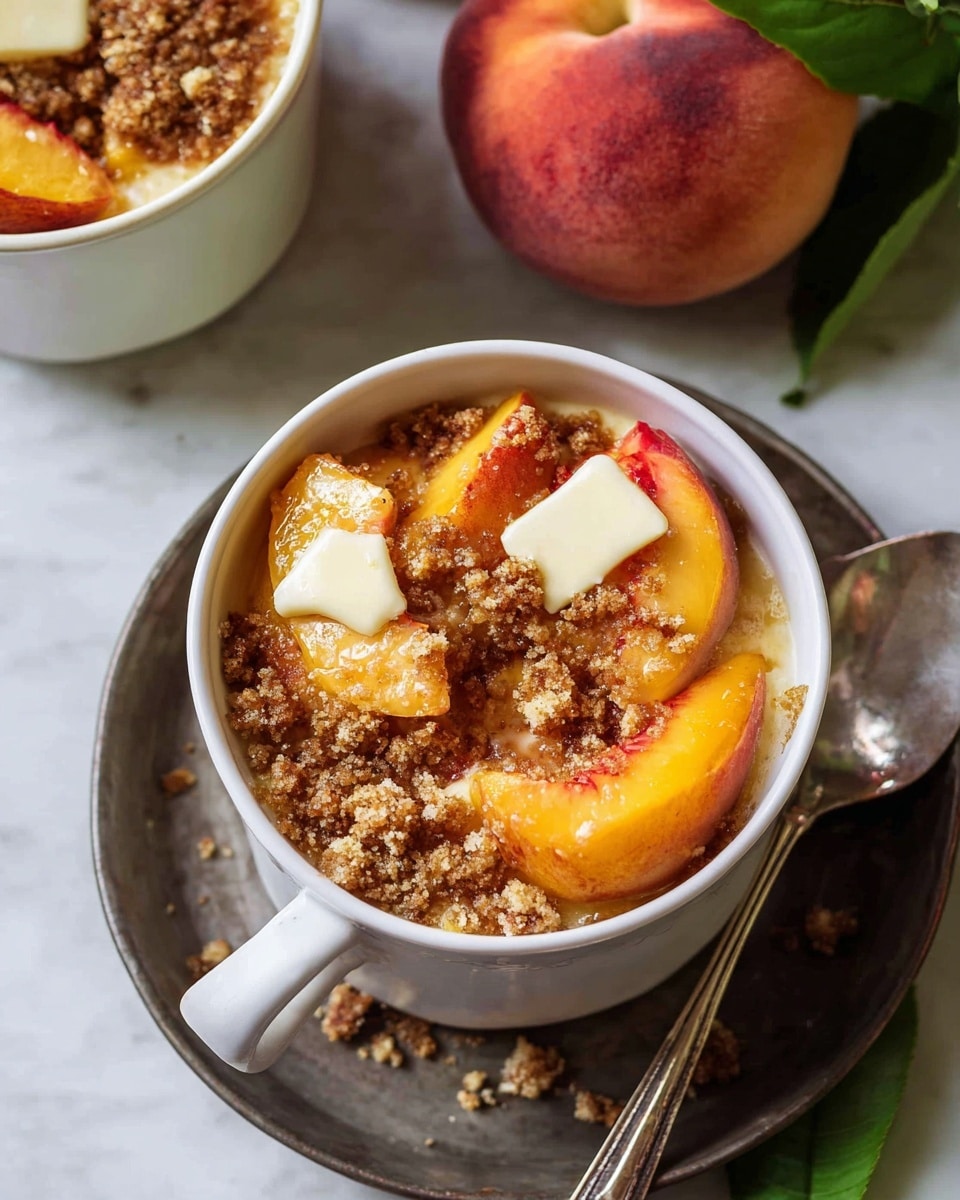 The image shows a white cup filled with a layered dessert placed on a metal tray over a white marbled surface. The bottom layer is soft peach slices with a warm orange color and some red touches. On top of the peach slices is a layer of coarse, brown sugar that looks crumbly and textured. There are five small squares of creamy white butter scattered unevenly on the top, slightly melting. Near the top right edge of the cup, there is a silver spoon resting beside it on the tray. The background includes a whole fresh peach with green leaves and part of another cup with the same dessert. Photo taken with an iphone --ar 4:5 --v 7