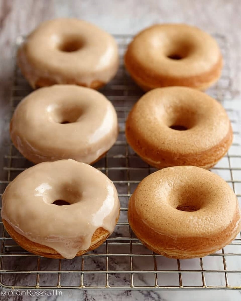 The image shows five soft, round donuts with a smooth light tan glaze on top, arranged on a silver wire cooling rack. One donut in the front has a large bite taken out of it, revealing a light, fluffy, slightly textured inside. The donuts have a slightly darker golden-brown color on the bottom. The cooling rack sits on a blue aged wooden surface, changed to a white marbled texture. The focus is on the bitten donut in the front, with the rest softly blurred in the background. Photo taken with an iphone --ar 4:5 --v 7