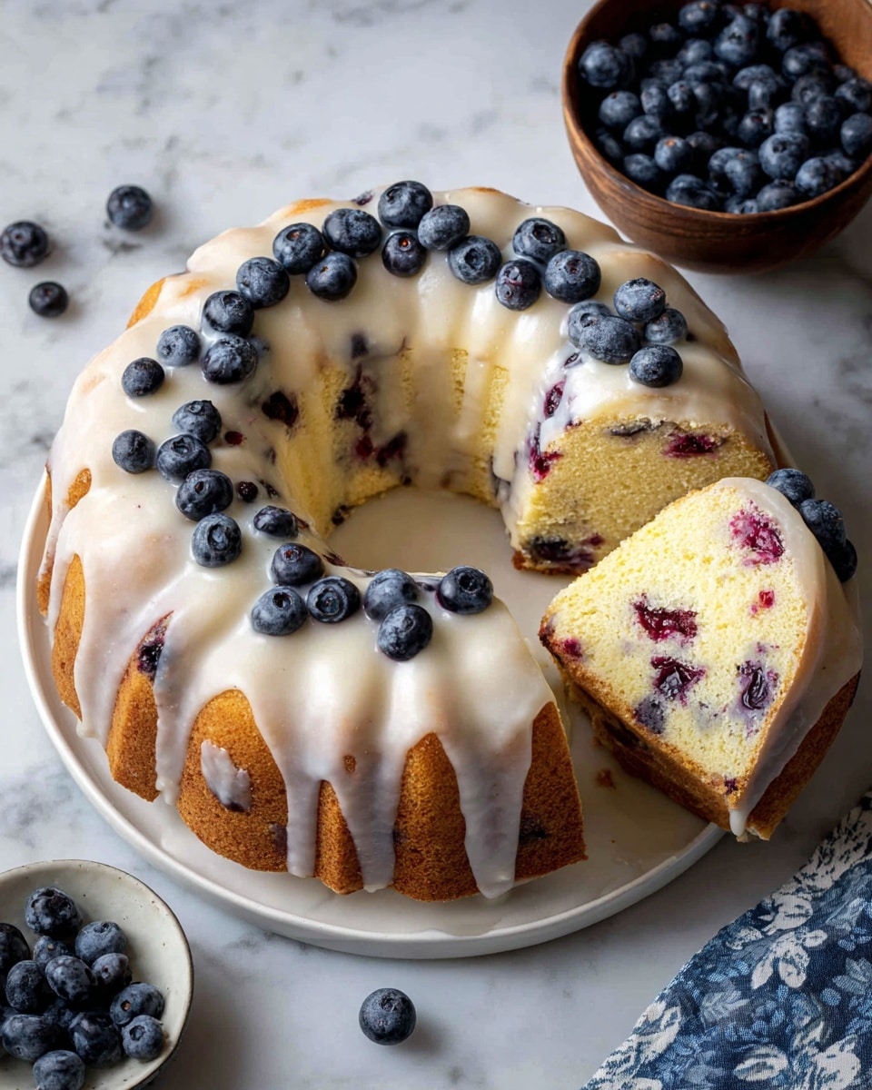 A thick slice of yellow pound cake sits in the center of a white plate on a white marbled surface, filled with dark purple spots of blueberries and streaks of blueberry sauce flowing through the cake layers. The top layer is glazed with a soft, light white icing that drips slightly down the sides. Scattered on the plate and surface are a few fresh, round blueberries with a shiny texture. In the background, more slices and wedges of the same cake are visible, blurred softly to keep the focus on the front slice. Photo taken with an iphone --ar 4:5 --v 7