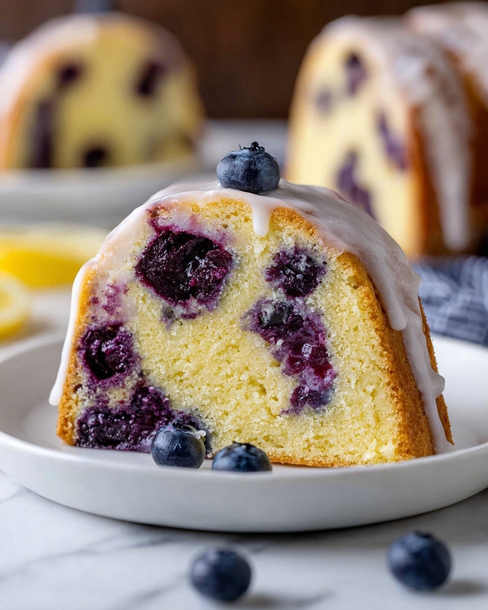 A round bundt cake with one layer, light golden yellow in color, dotted with scattered dark purple blueberries inside. The cake has a soft, smooth texture with the berries slightly sunk into the surface, creating uneven purple spots all over. It is placed on a white plate, which sits on a white marbled textured surface. Around the plate, there are fresh blueberries and lemon wedges. A small white bowl with a light creamy sauce is near the top right corner. photo taken with an iphone --ar 4:5 --v 7