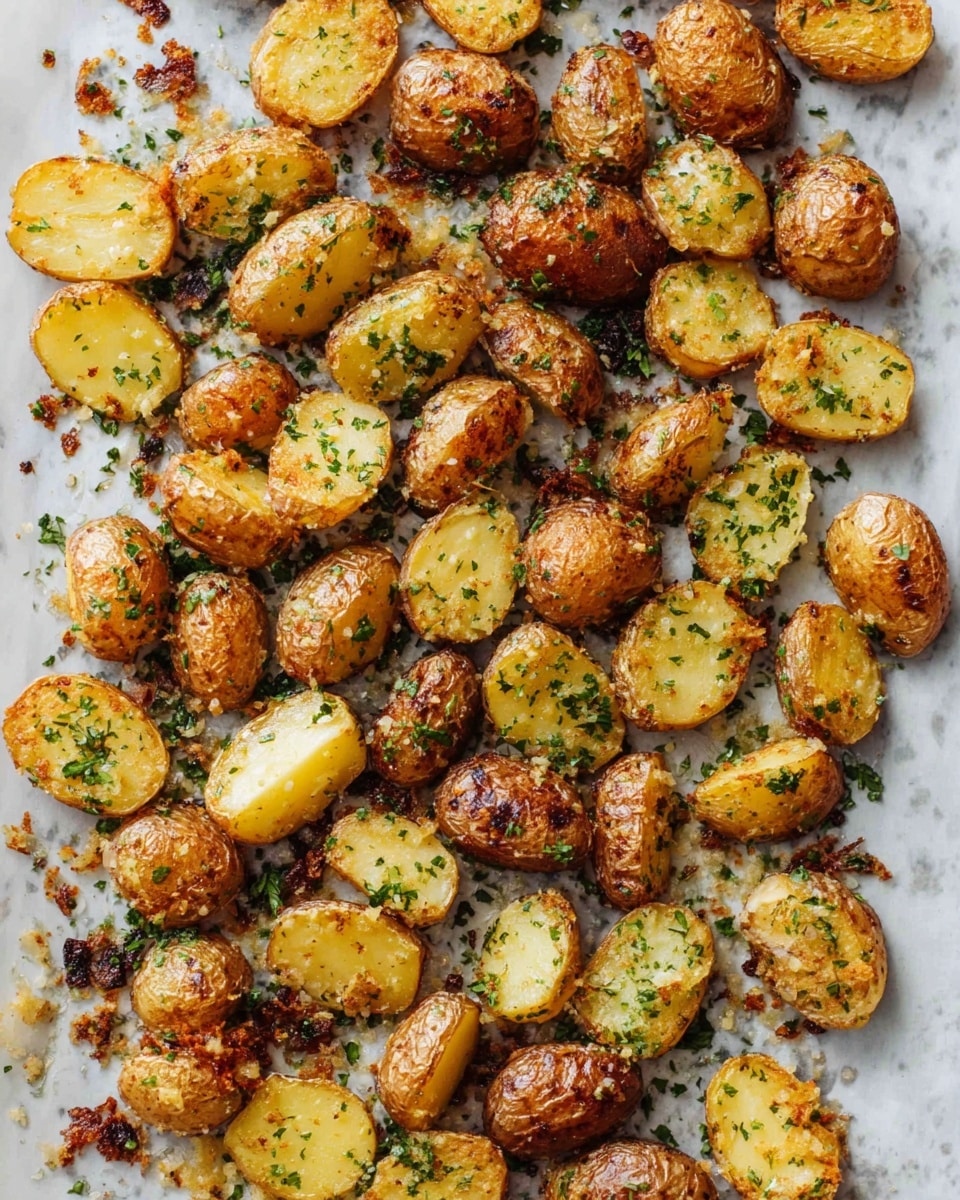 This image shows a white bowl filled with crispy roasted small potatoes that are cut into halves. The potatoes have a golden brown crunchy coating mixed with herbs and seasoning. Bright green small herb pieces are sprinkled on top, adding a fresh touch. A silver fork held by a woman's hand is in the upper right side, lifting one piece of a crispy potato by its edge. The background surface is a white marbled texture, creating a clean and simple setting photo taken with an iphone --ar 4:5 --v 7