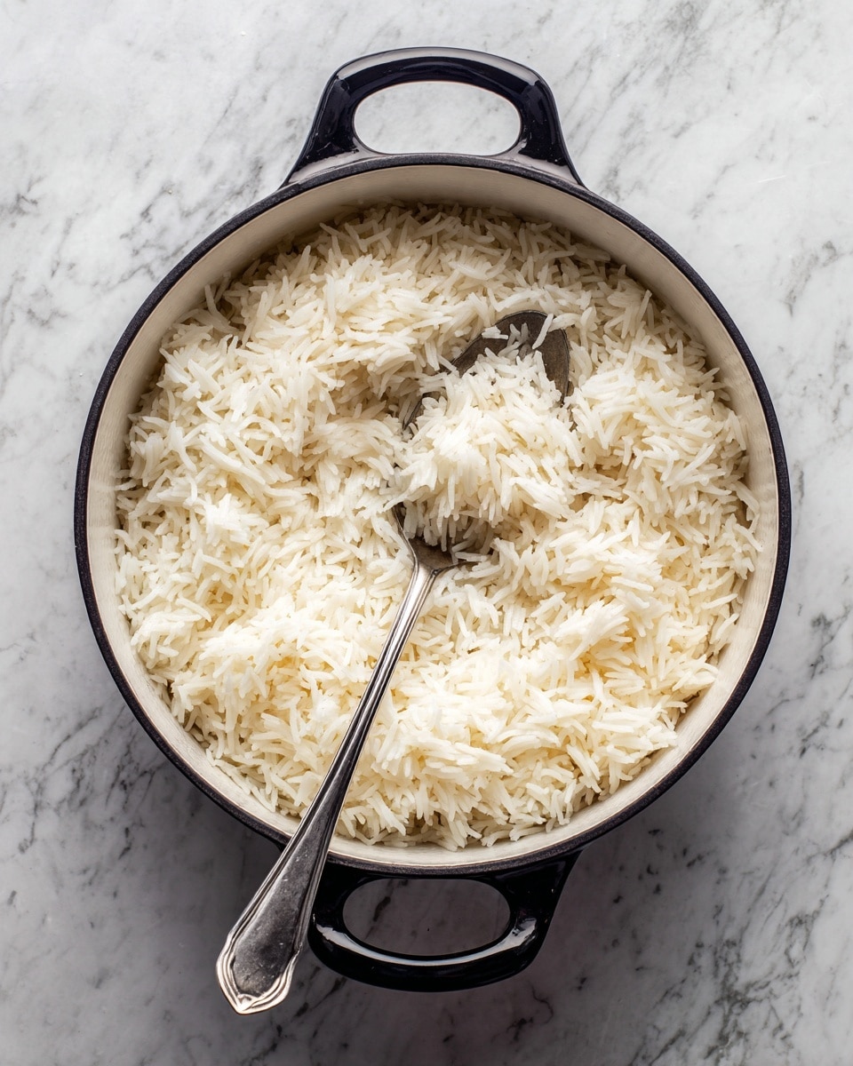 A large black pot with a white inside filled with cooked white rice, the rice looks soft and fluffy with a silver spoon standing upright in the middle, slightly mixed around the spoon. The pot is placed on a white marbled surface, with two loop handles on the sides. Photo taken with an iphone --ar 4:5 --v 7