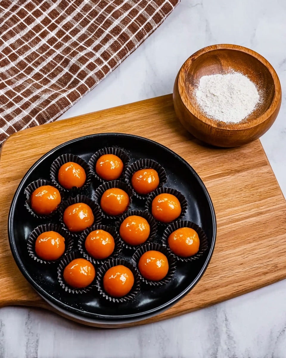 The image shows a black plate placed on a wooden board. On the plate, there are fifteen shiny orange balls that look smooth and glossy, arranged in neat rows, each sitting in a small black paper cup. To the left of the wooden board, there is a small round wooden bowl filled with white powder. The surface below everything is a white marbled texture, and a brown and white checkered cloth is partially visible in the top left corner. Photo taken with an iphone --ar 4:5 --v 7
