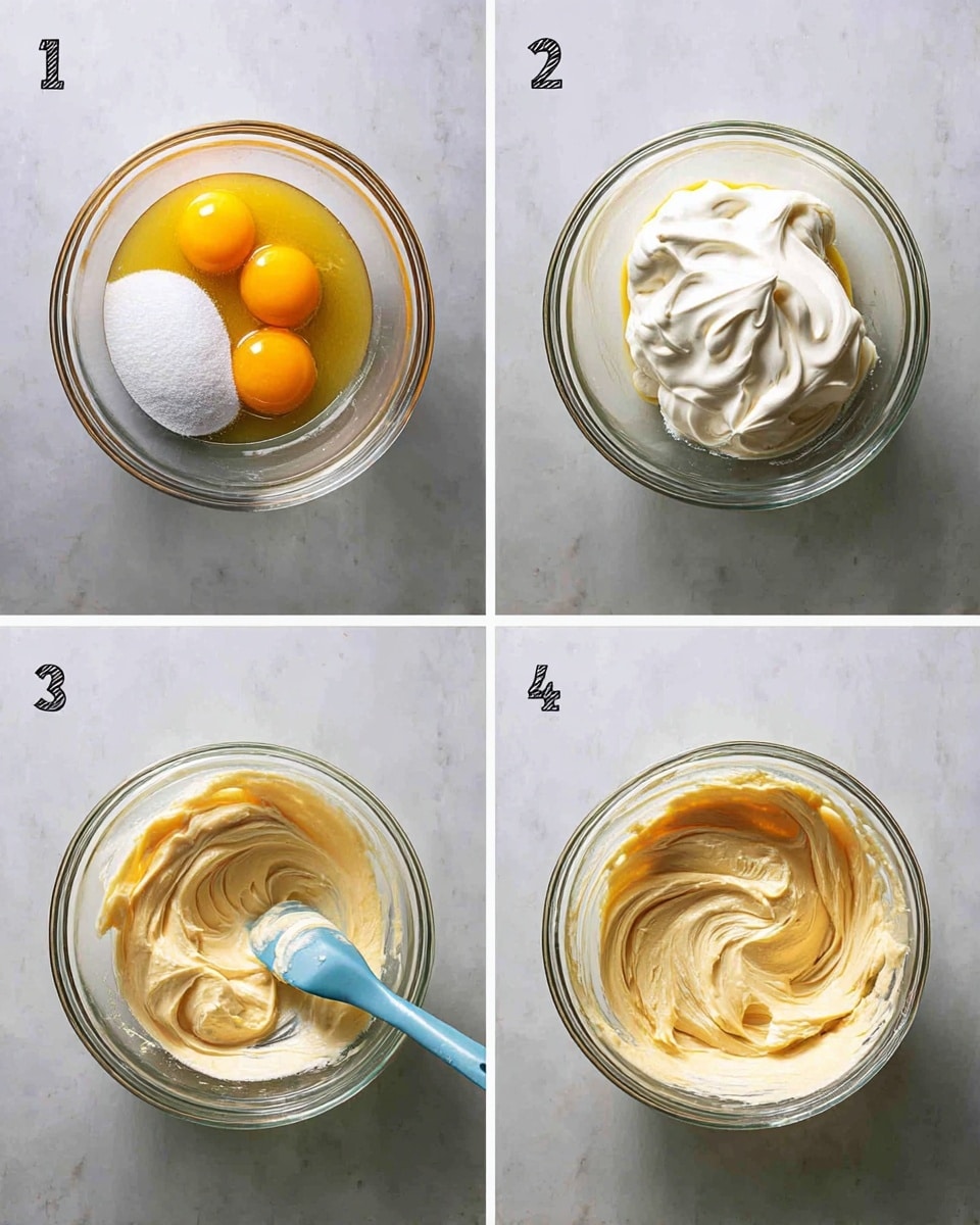 Four images show a clear glass bowl on a white marbled surface, each image numbered in the top left corner. In the first image, two raw egg yolks sit at the bottom of the bowl, topped with a pile of white granulated sugar. The second image shows the mixture beaten into a pale yellow, with a large dollop of thick, white cream added on top. The third image presents the cream partially mixed into the yellow base, with visible thick white streaks and a blue spatula stirring. The fourth image shows the cream fully blended, creating a smooth, light beige batter with a swirl effect, the spatula still in the bowl. Photo taken with an iphone --ar 4:5 --v 7