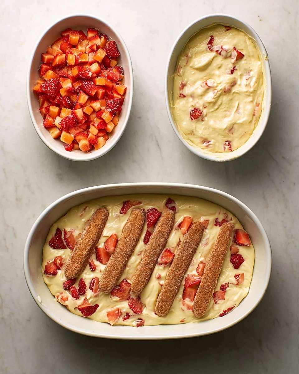 An oval white bowl shows four steps of layering a dessert on a white marbled surface. Step 1: A single layer of long, brown, sugar-dusted ladyfinger biscuits is placed neatly side by side at the bottom. Step 2: Small, bright red and orange chopped fruit pieces are spread evenly over the ladyfingers. Step 3: A thick, creamy pale yellow custard mixture with bits of the fruit is gently spread on top, partially covering the fruit. Step 4: The custard layer is smoothed out, fully covering the fruit and ladyfingers beneath, with a few visible fruit pieces showing through the creamy top. photo taken with an iphone --ar 4:5 --v 7