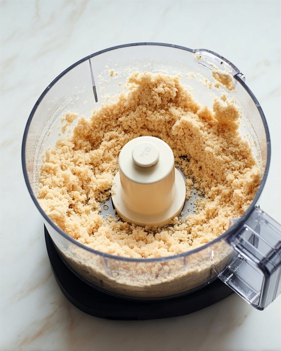 The image shows a clear food processor bowl filled with a crumbly, light beige mixture with a coarse texture. The mixture layers evenly around the white center blade inside the bowl, with some scraps sticking to the sides. The food processor sits on a black base, placed on a white marbled surface. The bowl’s transparent handle is visible on the right side, featuring a rounded top. The scene is brightly lit with a clean and simple kitchen setting. photo taken with an iphone --ar 4:5 --v 7