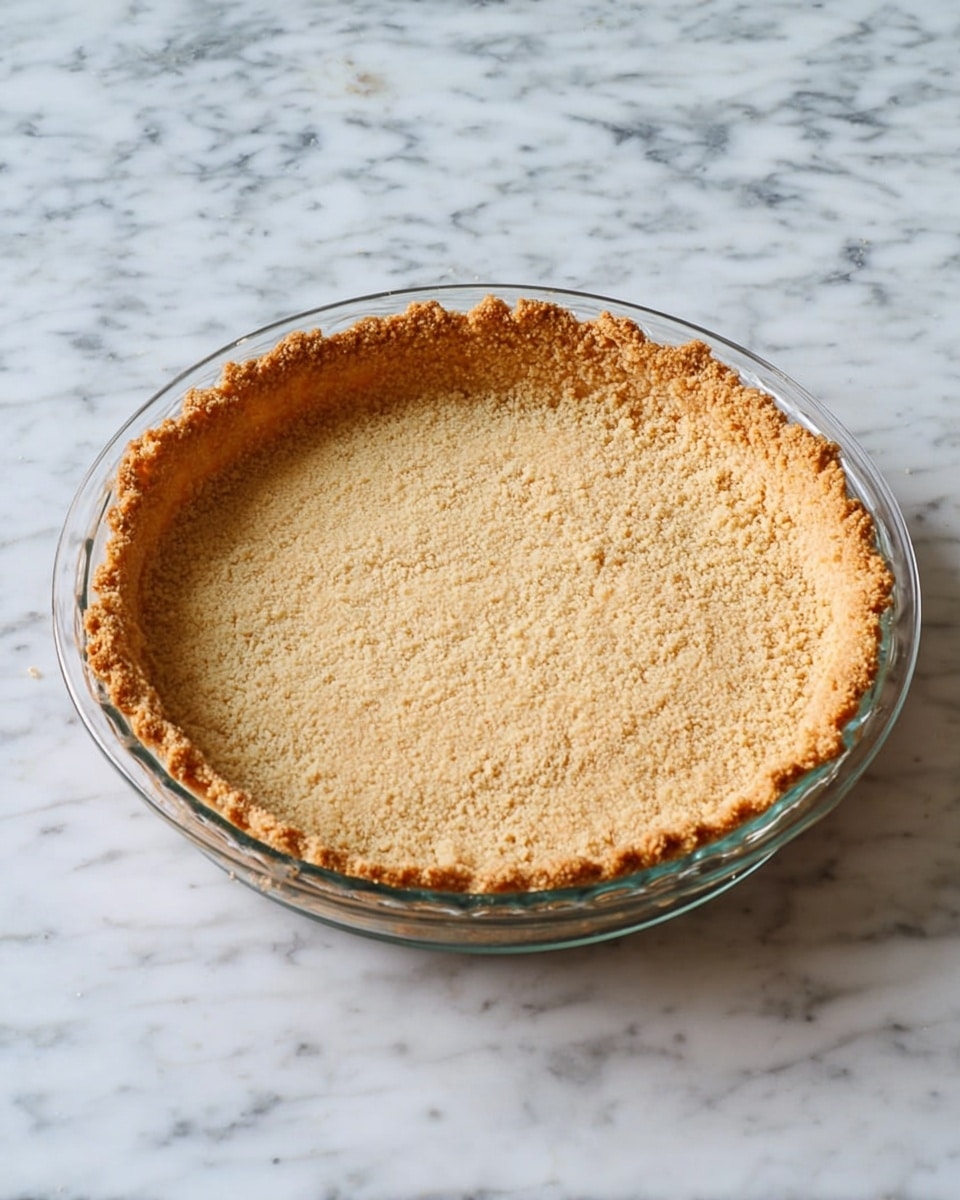 A clear glass pie dish holds a single layer of golden-brown, crumbly crust pressed evenly against the bottom and sides with slightly rough edges, creating a firm base ready for filling. The dish is placed on a white marbled surface, highlighting the warm tones and texture of the crust. Photo taken with an iphone --ar 4:5 --v 7