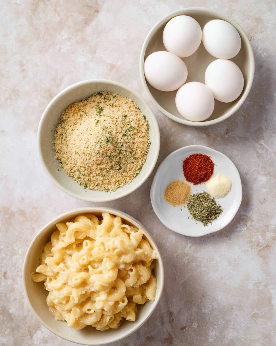 The image shows four white bowls on a white marbled surface. The top bowl holds seven white eggs arranged neatly. Below it, a bowl is filled with a fine, light brown breadcrumb mixture with small green herbs. To the right, a small white plate contains four separated spices: a pile of white salt, green dried herbs, light yellow granulated powder, and red paprika. The largest bowl at the bottom holds creamy, pale yellow cooked elbow macaroni pasta that looks soft and slightly thick. photo taken with an iphone --ar 4:5 --v 7