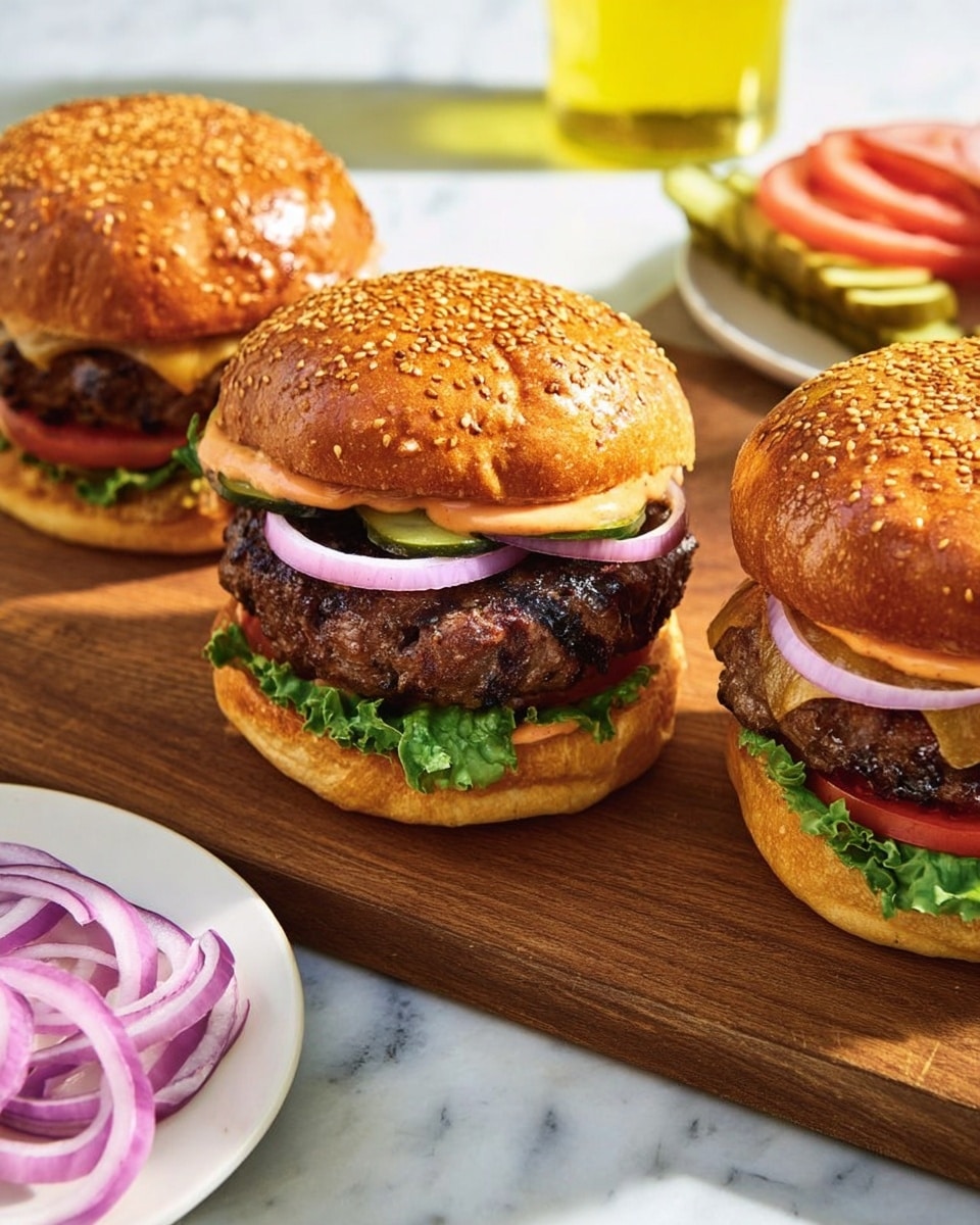 Three burgers on a wooden board placed on a white marbled surface. Each burger has a shiny brown sesame seed bun on top, with a layer of light orange sauce slightly visible. Below the bun, there are thin pale purple onion slices, a thick grilled dark brown beef patty, green lettuce leaves and bright red tomato slices. Under the tomato layers are green pickle slices. To the side, there is a white plate with thin purple onion rings. A glass jar with yellow liquid is also faintly visible in the upper part of the image. photo taken with an iphone --ar 4:5 --v 7