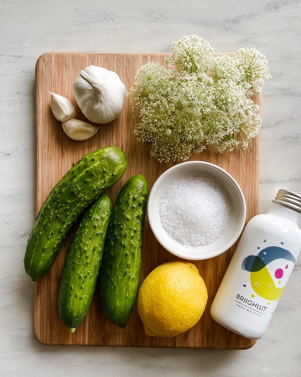 A white bowl filled with coarse salt is placed on a light wooden board next to a cut half lemon showing its pale yellow inside, a single peeled garlic clove, a fresh dill flower with small yellow-green buds and green stems, and a glass of light brown liquid. On the side, the white marbled surface is visible with some small green round sliced vegetables and scattered pepper flakes. Photo taken with an iphone --ar 4:5 --v 7