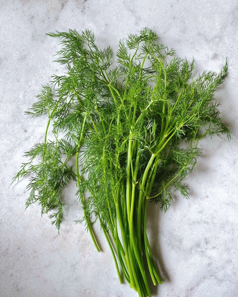 A bunch of fresh green dill with thin, feathery leaves and light green stems lies spread out on a white marbled surface, showing its delicate and airy texture with some stems extending outward and small wispy leaves fanning around. Photo taken with an iphone --ar 4:5 --v 7