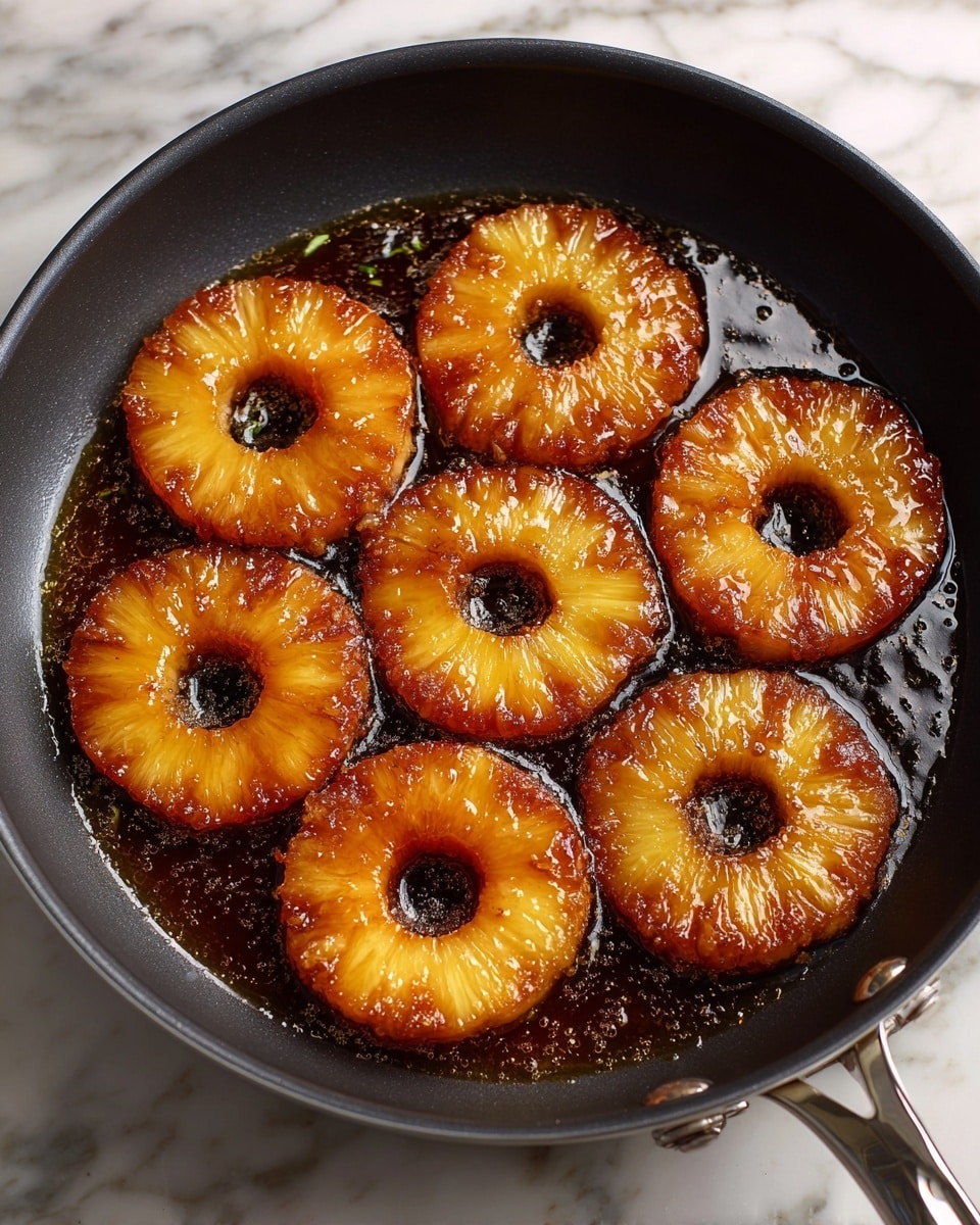 A black pan filled with seven golden-brown pineapple rings cooking in a dark caramel sauce, the rings are evenly spaced and glossy with caramelized edges, and there is a rich, shiny syrup surrounding them in the pan. The pan sits on a white marbled surface. photo taken with an iphone --ar 4:5 --v 7
