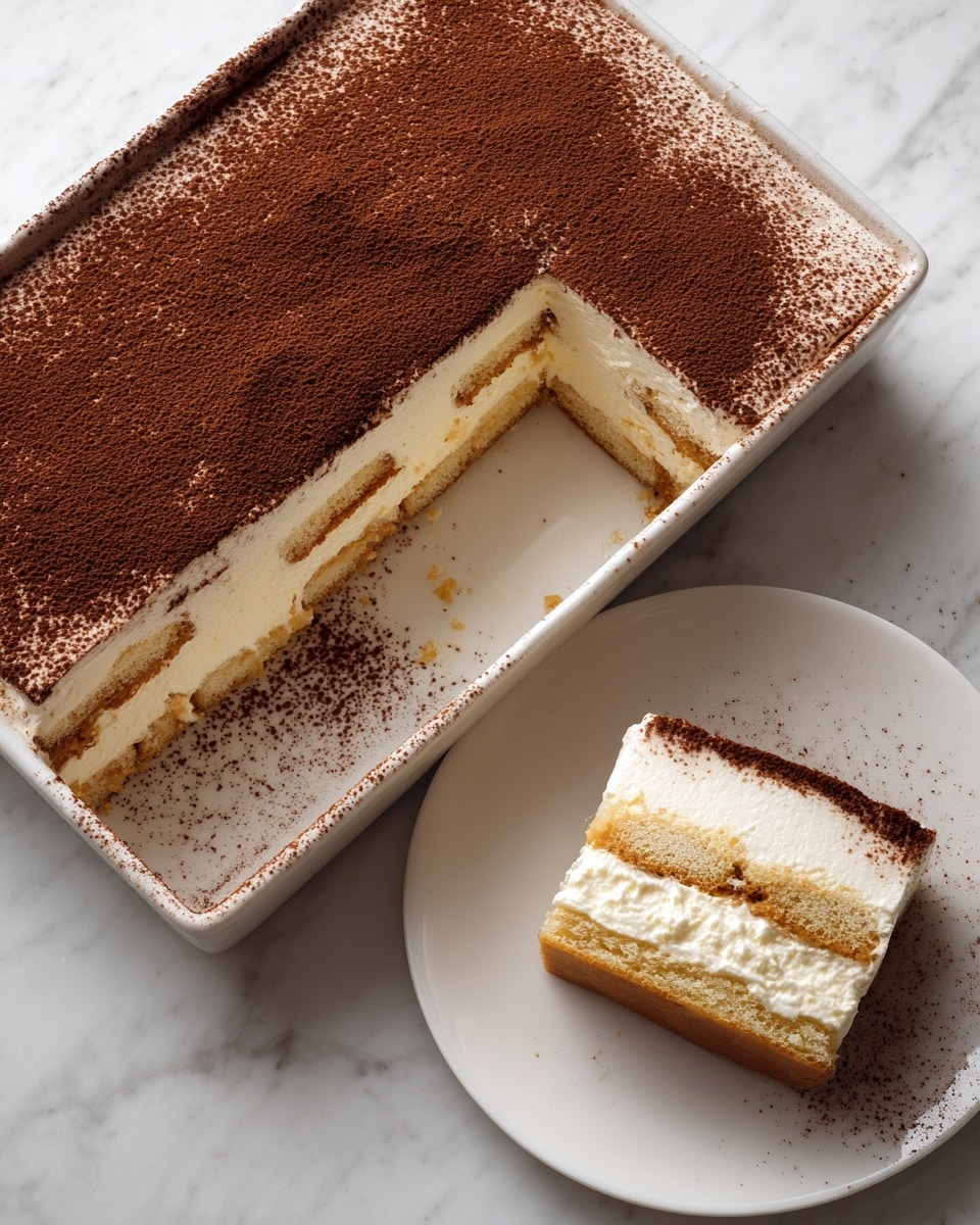 The image shows a rectangular dessert tray with one corner piece taken out, revealing three layers inside: a bottom layer of light brown soaked biscuit, a middle thick creamy white layer, and a thin second biscuit layer above it, topped with a fine dark brown cocoa powder covering the entire top surface. Next to the tray is a white plate with a single square serving of the dessert showing the same layers, with some cocoa powder on the plate near the dessert. The background and surface are white marbled. Photo taken with an iphone --ar 4:5 --v 7