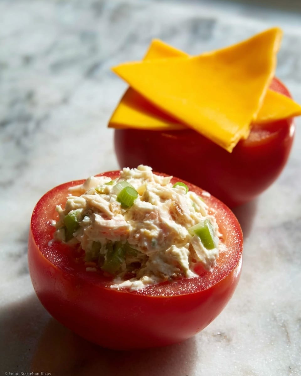 A close-up view of a white marbled surface holding ingredients for a sandwich or snack. On the top right, there is a rusty, well-used baking sheet holding two slices of red tomato with visible juicy texture and seeds. To the left of the baking sheet, there is one whole red tomato with a green stem. In the lower left, a clear glass bowl filled with a creamy mixture containing light beige chunks and small green bits is shown, with a white spatula resting inside it. In the bottom right corner, two bright orange slices of cheese are stacked on top of each other on the white marbled surface. photo taken with an iphone --ar 4:5 --v 7