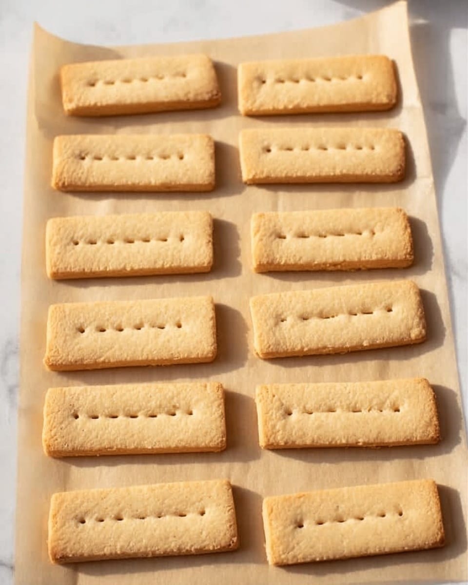 The image shows fourteen rectangular shortbread cookies placed neatly on a light beige parchment paper. Each cookie is pale golden brown with a slightly rough texture on the edges and has three rows of small holes evenly spaced along the length. The cookies are aligned in four rows on the parchment paper, which lies flat on a white marbled surface. The whole scene has soft natural light with subtle shadows. photo taken with an iphone --ar 4:5 --v 7