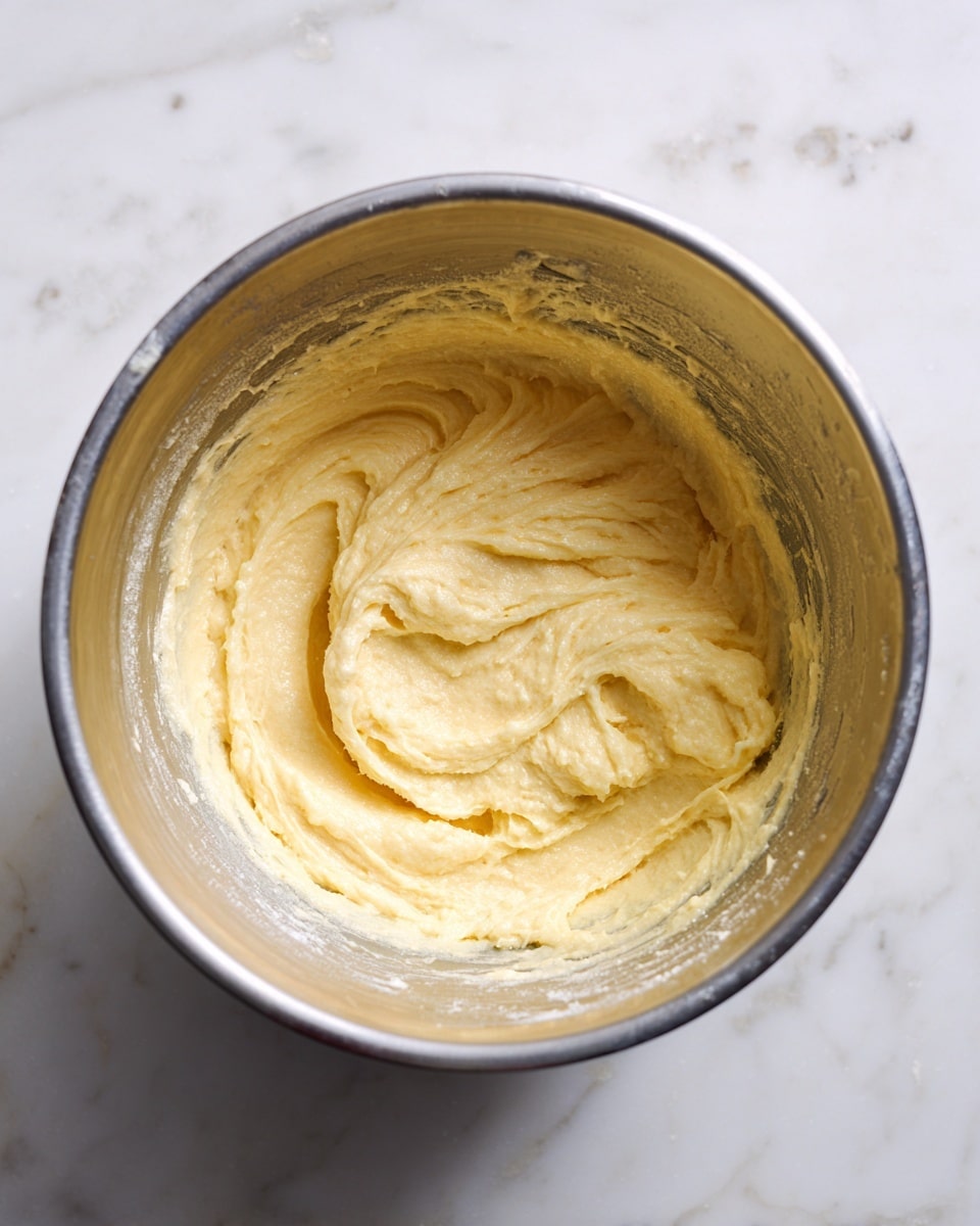 A metal mixing bowl containing a creamy, pale yellow batter with a smooth, slightly thick texture sits on a white marbled surface. The batter fills the bowl by about one-third, showing gentle swirls and soft peaks from mixing. The bowl’s inner surface has some batter residue, and the soft light highlights the batter’s moist and smooth appearance. Photo taken with an iphone --ar 4:5 --v 7