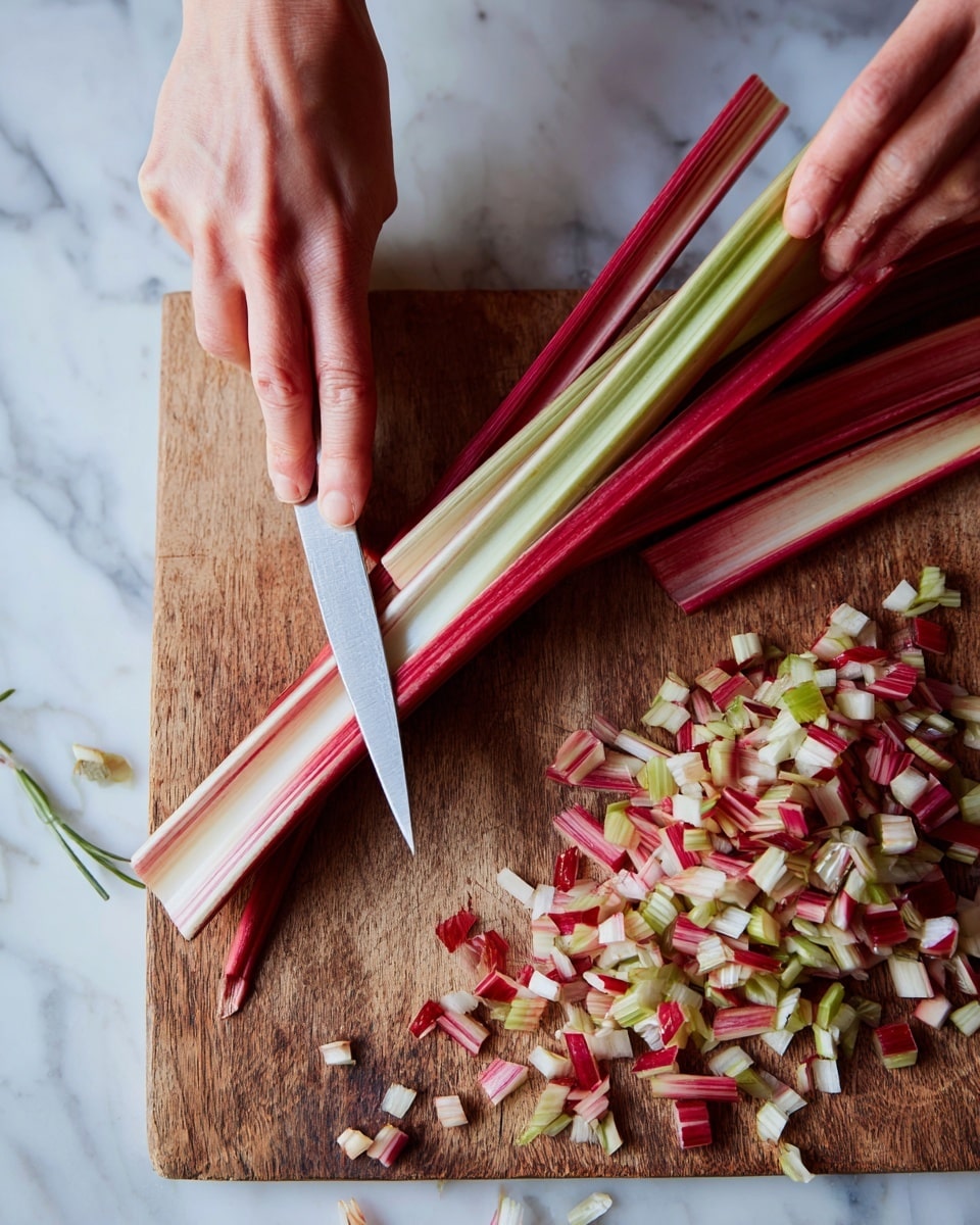 A woman's hand is holding a long knife, slicing red and white stalks on a wooden board. Next to the stalks, there is a pile of small chopped pieces that are red, white, and light green. The background is a white marbled surface, and the scene shows a close view of the cutting process with kitchen drawers in the far back. photo taken with an iphone --ar 4:5 --v 7