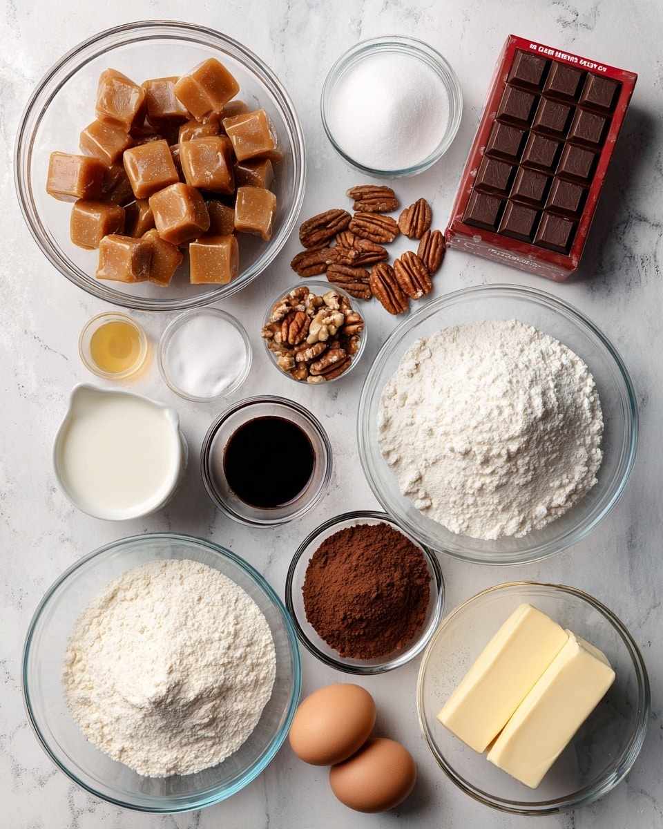 The image shows a flat lay of baking ingredients arranged neatly on a white marbled surface. There is a large transparent bowl filled with caramel candies on the top left, next to a red box of unsweetened baking chocolate. To the right of the chocolate is a clear glass bowl filled with white sugar. Beside it is a small full glass of cream and a small clear bowl filled with dark brown cocoa powder. Below the cocoa is a tiny bowl of vanilla extract, next to a slightly bigger clear bowl with halved pecans. In the center is a medium clear bowl with white flour, with a small clear bowl of salt to its right. On the bottom left are two sticks of pale yellow butter and a clear bowl holding three brown eggs. All items are spaced evenly and clearly visible, image captured with an iphone --ar 4:5 --v 7