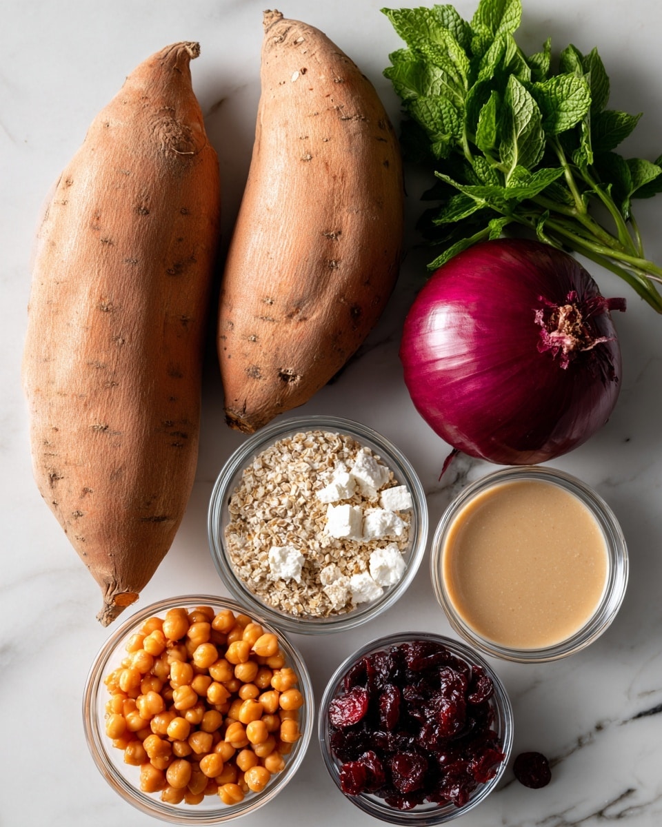 The image shows a flat lay of ingredients arranged on a white marbled surface. There are two whole sweet potatoes with a light brown, rough skin. A small bunch of fresh green mint leaves is placed next to the sweet potatoes. A whole red onion with a shiny, deep purple skin is also included. In clear glass bowls, there are three separated ingredients: light brown grains, bright orange chickpeas, and crumbly white feta cheese. Another clear bowl holds smooth, light beige tahini dressing. Finally, a clear bowl contains dark red dried cranberries. Each ingredient is labeled with black text on white background boxes placed near the items. photo taken with an iphone --ar 4:5 --v 7