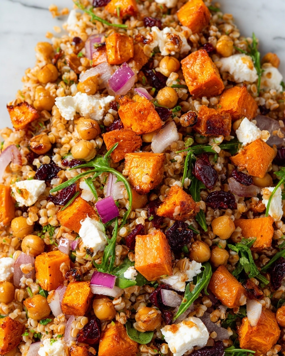 This image shows a close-up of a mixed grain salad spread evenly. The base layer is light brown cooked grains with small, chewy texture. Scattered on top are bright orange roasted sweet potato cubes with a slightly rough surface. Round, golden chickpeas add a smooth, firm layer, mixed with small white cheese chunks that look crumbly and soft. Thin slices of reddish-purple onion are sprinkled throughout, adding sharp pops of color. Small dark red dried cranberries and green leafy herbs are also mixed in, giving contrast and freshness. The whole salad sits on a white marbled surface. Photo taken with an iphone --ar 4:5 --v 7