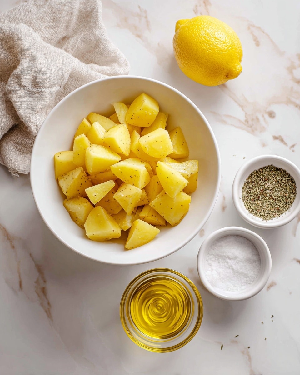 A white bowl filled with roughly chopped yellow potatoes sits on a white marbled surface. Below the bowl, from top to bottom, are a bright yellow lemon, a small glass bowl holding a swirl of yellow mustard, and a smaller glass bowl with golden olive oil. To the right of these, two small white dishes contain dried oregano and white salt. A beige cloth is partially visible on the top left corner. The whole setup is bright and simple, with sharp colors contrasting the clean white marbled texture photo taken with an iphone --ar 4:5 --v 7