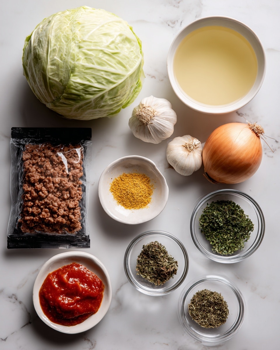 A group of ingredients is arranged on a white marbled surface with clear labels. At the top center, there is a round green cabbage with light green, smooth leaves. Below it to the left is a sealed black package holding vegan ground beef, smooth and brown. To the right of the cabbage, there are three garlic cloves with light brown skin and a round onion with a smooth, tan-colored surface. Near the center, a small white bowl holds yellow nutritional yeast with a powdery texture. Next to it, a larger white bowl contains a light yellow vegetable broth with a smooth liquid surface. Toward the right side, three small clear glass bowls show dried thyme, chopped deep green parsley, and dried parsley with dark green flakes. At the bottom center, a small white plate holds bright red tomato paste with a thick texture, and to the lower left, another small white plate has dried brown basil flakes. photo taken with an iphone --ar 4:5 --v 7