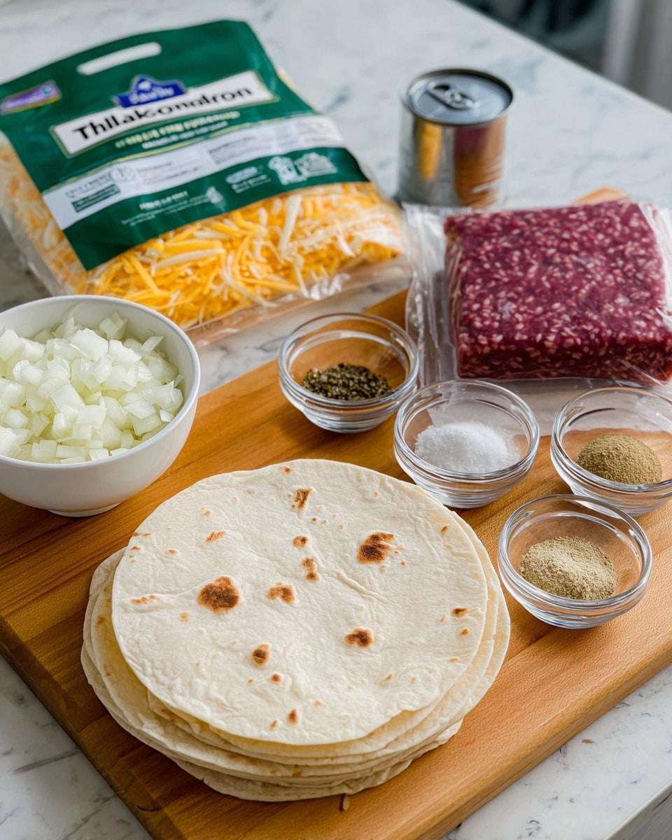 The image shows ingredients for a Mexican dish on a wooden board with a white marbled surface underneath. There is a stack of four light-beige flour tortillas with small brown spots in the center front. To the left, a white bowl is filled with finely chopped white onions. Behind the bowl, there is an open green and white package of Tillamook Mexican cheese with shredded yellow and orange cheese visible inside. Next to the cheese is a sealed square package of raw, deep red ground beef. Behind the beef package, there is a small unopened silver can. On the right side, five small clear glass bowls hold various spices and minced garlic: salt, greenish dried herbs, ground black pepper, brownish ground spice, and pale yellow garlic. Photo taken with an iphone --ar 4:5 --v 7