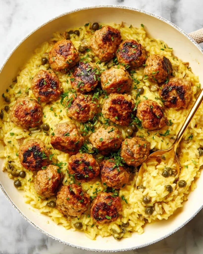 Chicken Piccata Meatballs and Orzo Skillet Recipe
