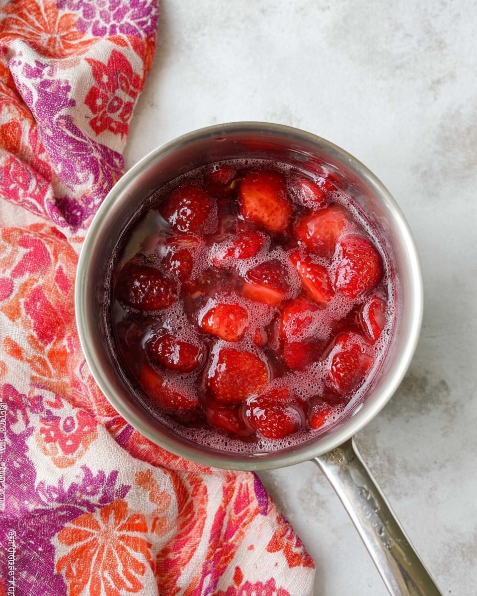 A small silver pot filled with soft, cooked strawberries in a thick red syrup. The strawberries are broken down, showing different shapes and sizes, with a shiny, slightly bubbly texture on top. The pot is placed on a white marbled surface with a colorful cloth featuring red, orange, purple, and white patterns partially under it. The handle of the pot extends out and is shiny silver. Photo taken with an iphone --ar 4:5 --v 7