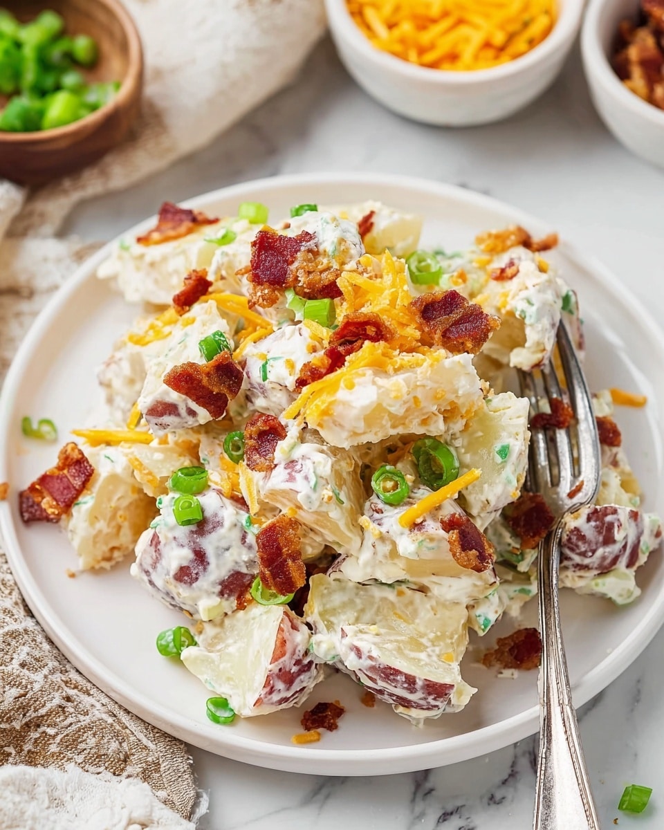 A white plate holds a creamy potato salad made of several chunky layers, with red and white potato pieces coated in a thick white dressing. Scattered on top are small green onion slices and shredded yellow cheese, adding bright green and yellow pops of color. Crispy, golden-brown bacon bits are mixed inside, giving texture contrast. A silver fork rests near the edge of the plate, and the background is a white marbled surface with hints of a rustic cloth and small bowls containing more ingredients. Photo taken with an iphone --ar 4:5 --v 7