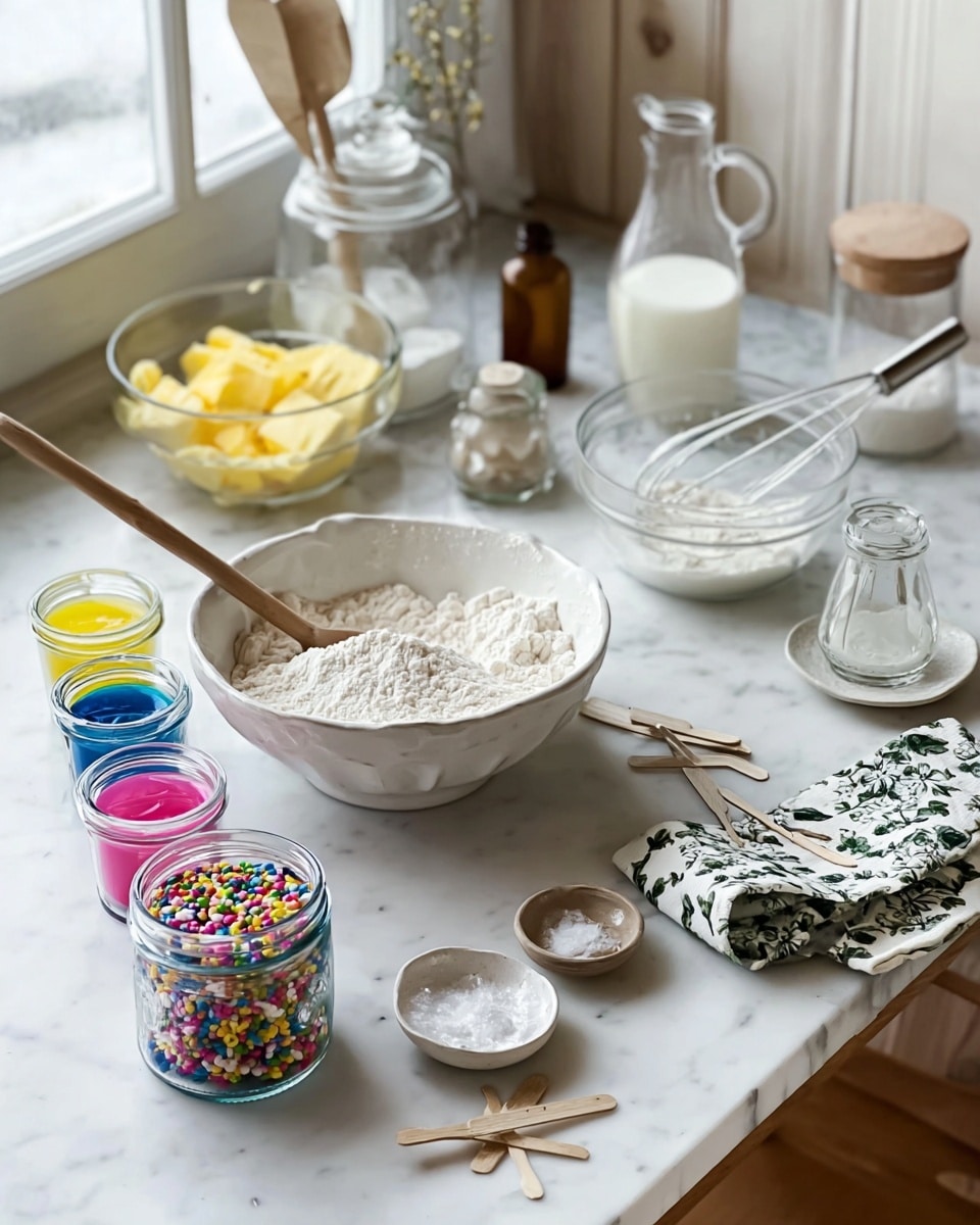 A white bowl filled with flour and a wooden spoon inside is placed near the center of a white marbled table. To the back left is a clear glass bowl with yellow butter and a wooden spatula. Behind it is a glass jar with white sugar and a small metal spoon. Next to the sugar jar is a small brown bottle. On the right side, a clear glass bowl holds white powdered sugar with a metal whisk inside, and in front of it is a small clear jug with milk. There are four small open jars of colored food dye in pink, yellow, blue, and green, each with a small wooden stick in them, placed near the front of the table. A glass jar full of colorful round sprinkles is close to the food dye jars. Small dishes hold salt and other baking ingredients, and a woman's hand is resting on a patterned cloth-covered wooden spoon at the right edge of the table. The whole scene is set by a window shining soft natural light. photo taken with an iphone --ar 4:5 --v 7