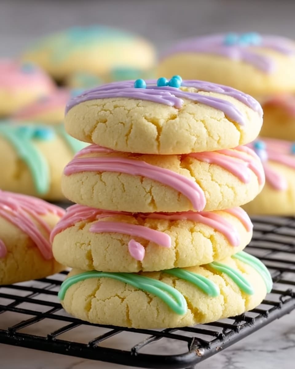 The image shows a close-up of a stack of three soft yellow cookies with cracked tops, placed on a black cooling rack over a white marbled surface. Each cookie is decorated with smooth, pastel-colored icing in pink, green, and purple stripes, along with small blue dot sprinkles on top. More similarly decorated cookies are blurred softly in the background. Photo taken with an iphone --ar 4:5 --v 7