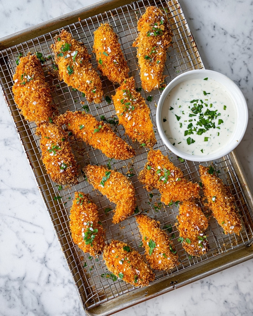 The image shows a baking tray with a metal grid, holding eleven golden brown crispy chicken strips arranged in scattered rows. The chicken strips have a crunchy, coarse texture topped with small green herb leaves and white salt crystals. To the right of the tray, there is a white bowl filled with thick white sauce, garnished with chopped green herbs. The tray rests on a white marbled surface. The photo taken with an iphone --ar 4:5 --v 7